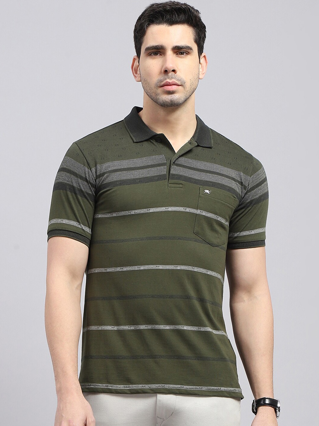 

Monte Carlo Summer Striped Polo Collar Cotton T-shirt, Olive