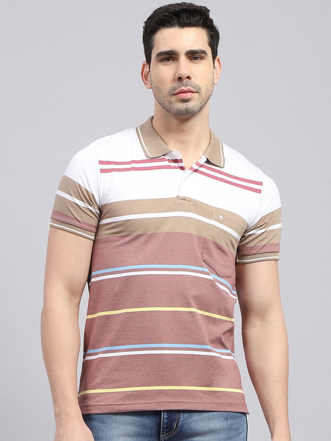 

Monte Carlo Striped Polo Collar Cotton T-shirt, Red