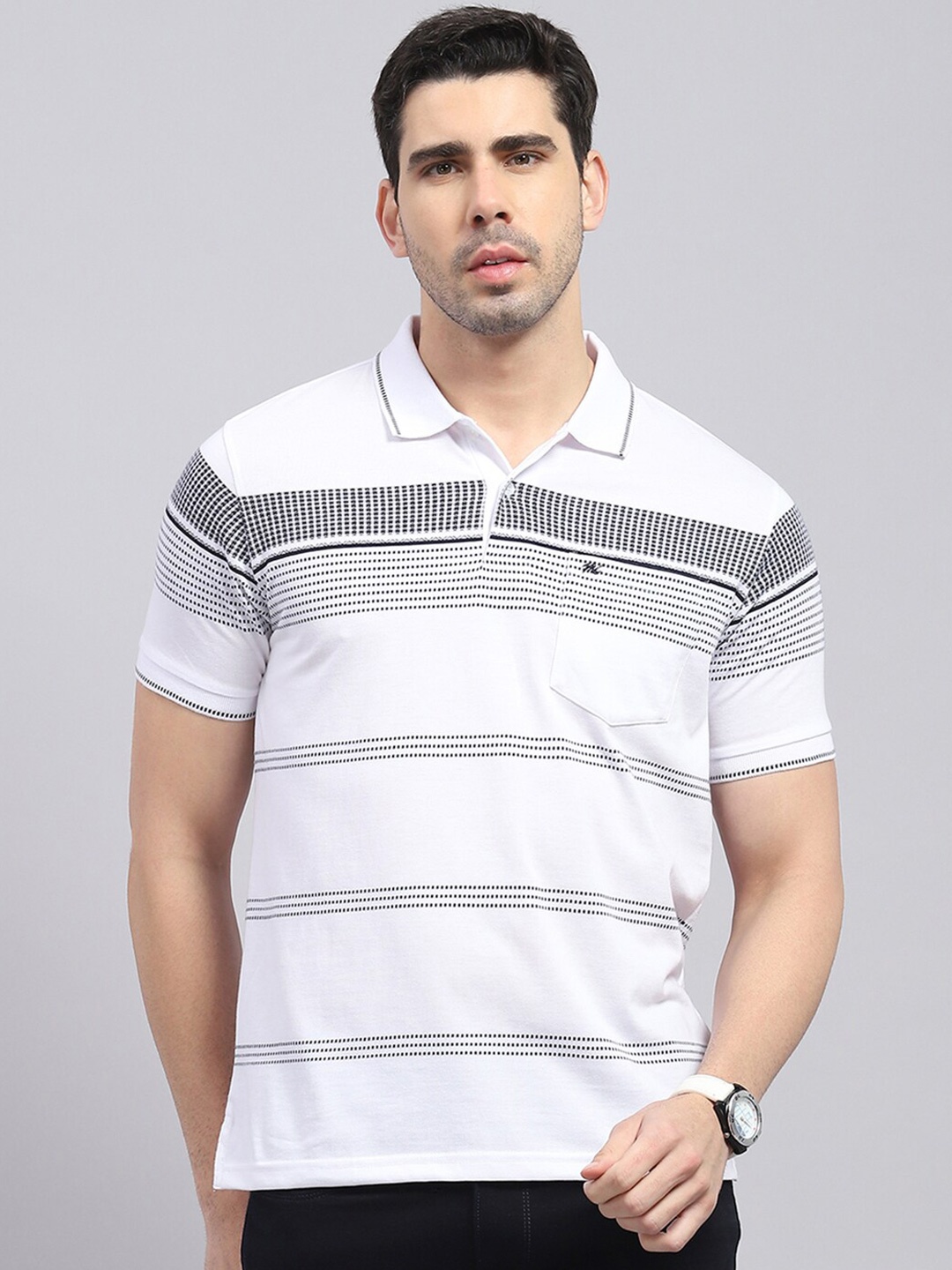 

Monte Carlo Summer Striped Polo Collar Cotton T-shirt, White