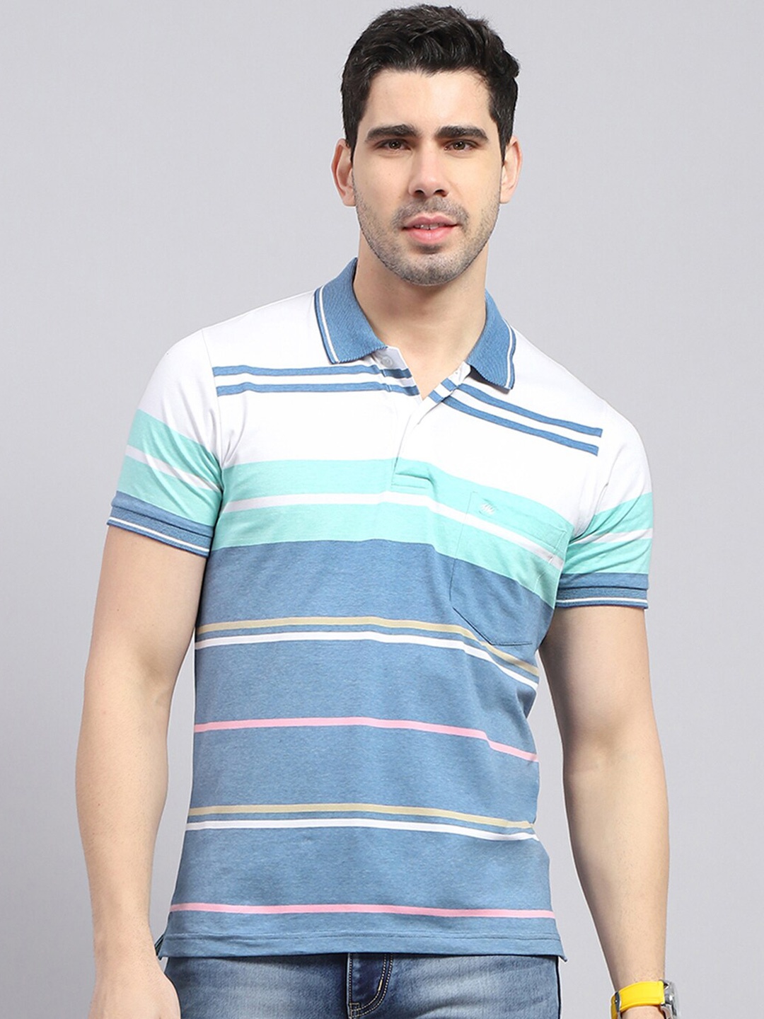 

Monte Carlo Summer Striped Polo Collar Cotton T-shirt, Blue