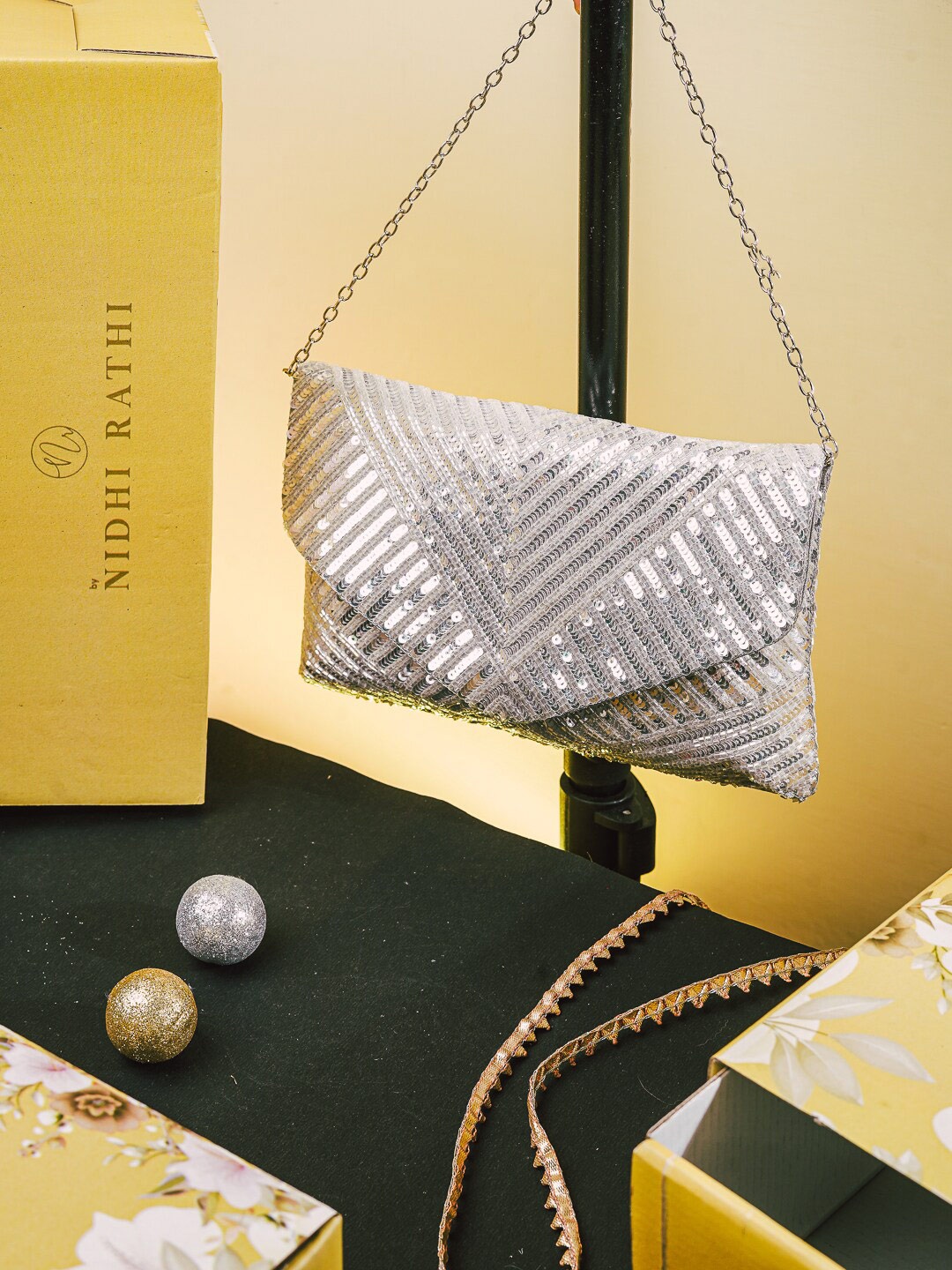 

NR By Nidhi Rathi Embellished Envelope Clutch, Silver