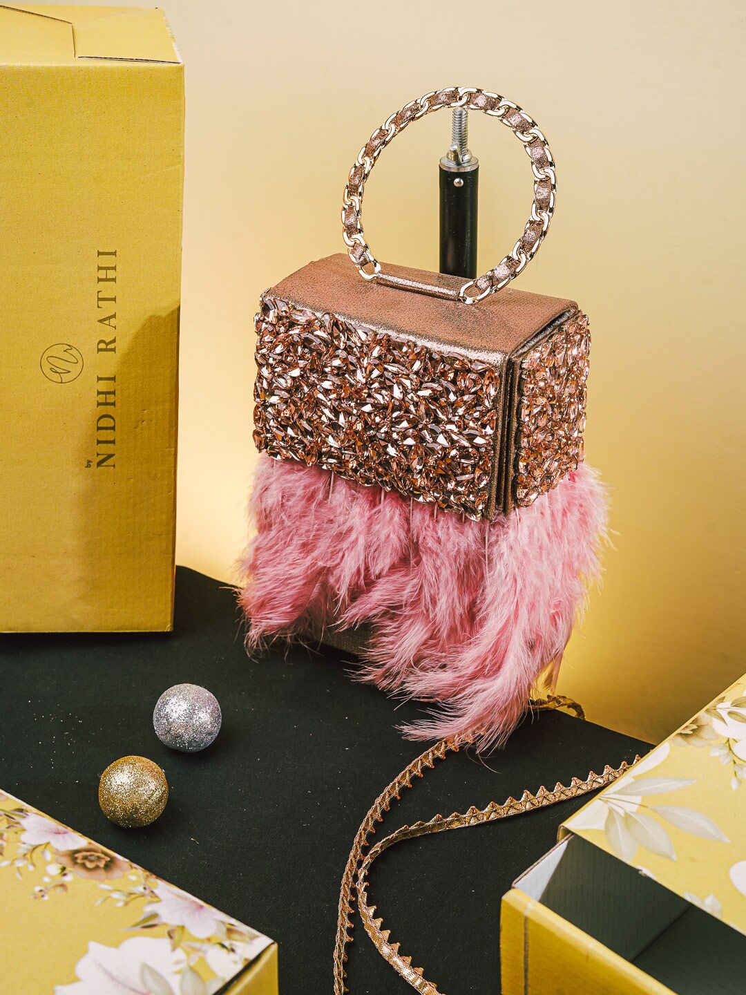 

NR By Nidhi Rathi Embellished Box Clutch, Rose gold