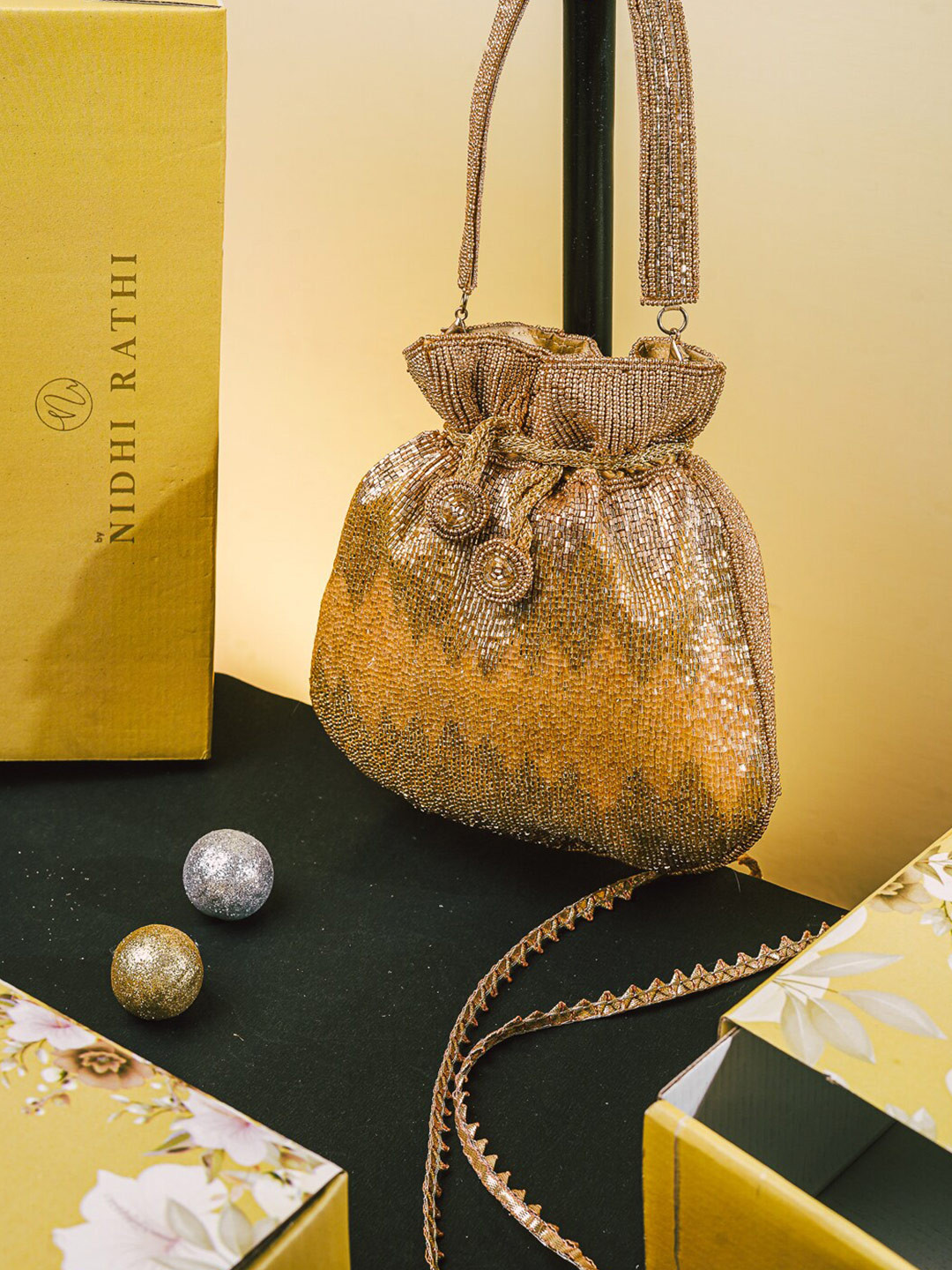 

NR By Nidhi Rathi Embroidered Potli Clutch, Gold