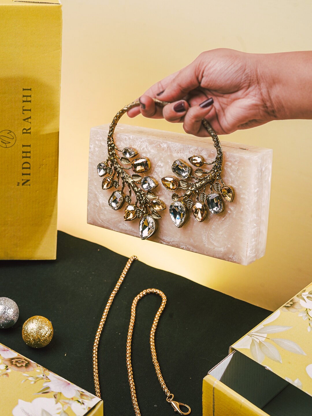 

NR By Nidhi Rathi Embellished Box Clutch, Beige