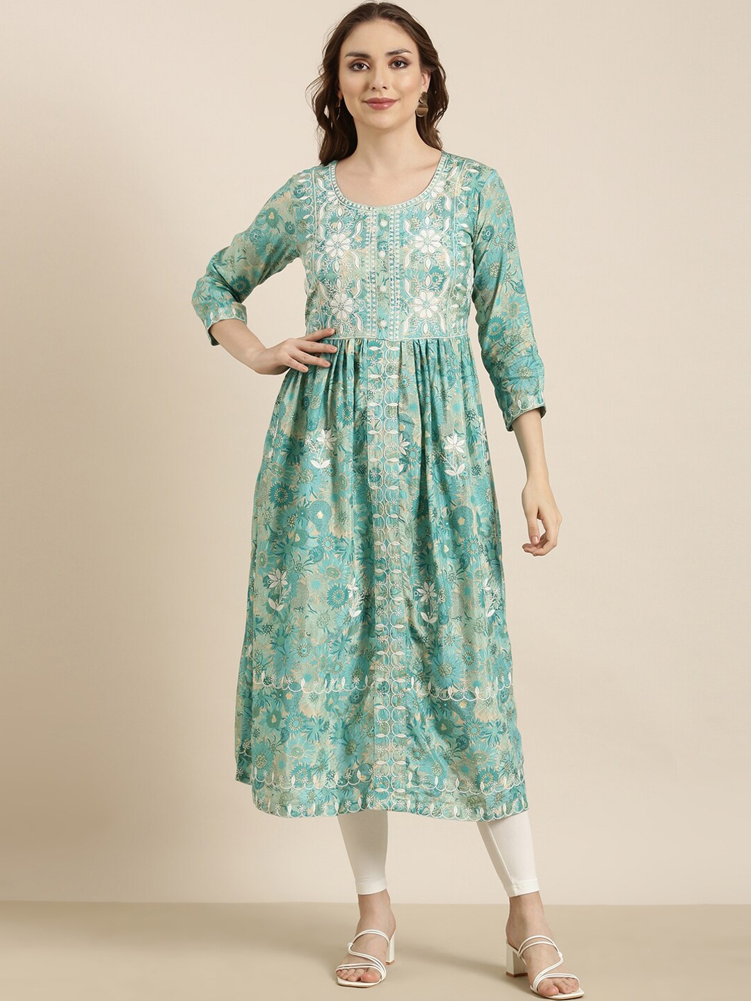 

SHOWOFF Geometric Printed Flared Sleeves Thread Work Floral Kurta, Turquoise blue