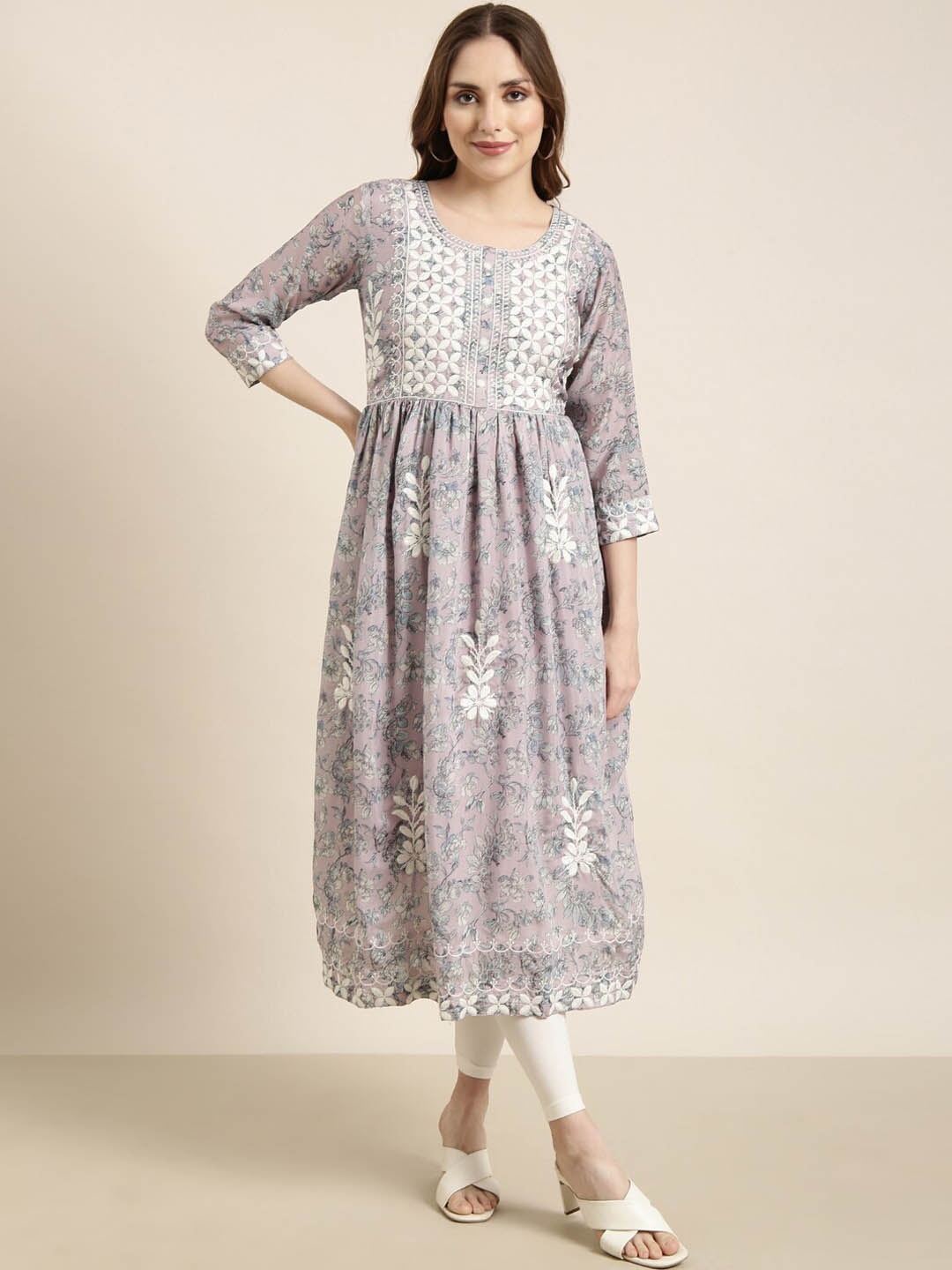 

SHOWOFF Floral Printed Empire Thread Work Anarkali Kurta, Lavender