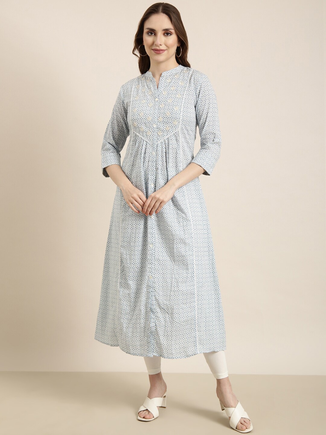 

SHOWOFF Geometric Printed Cotton Thread Work Kurta, Blue
