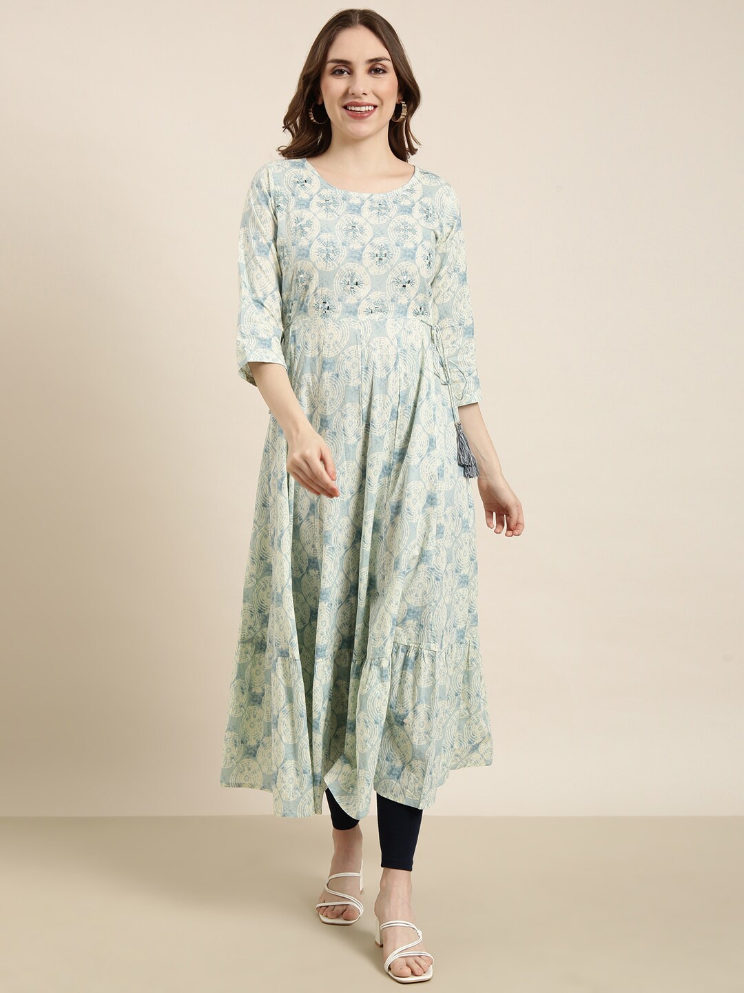 

SHOWOFF Floral Printed Round Neck Anarkali Kurta, Sea green