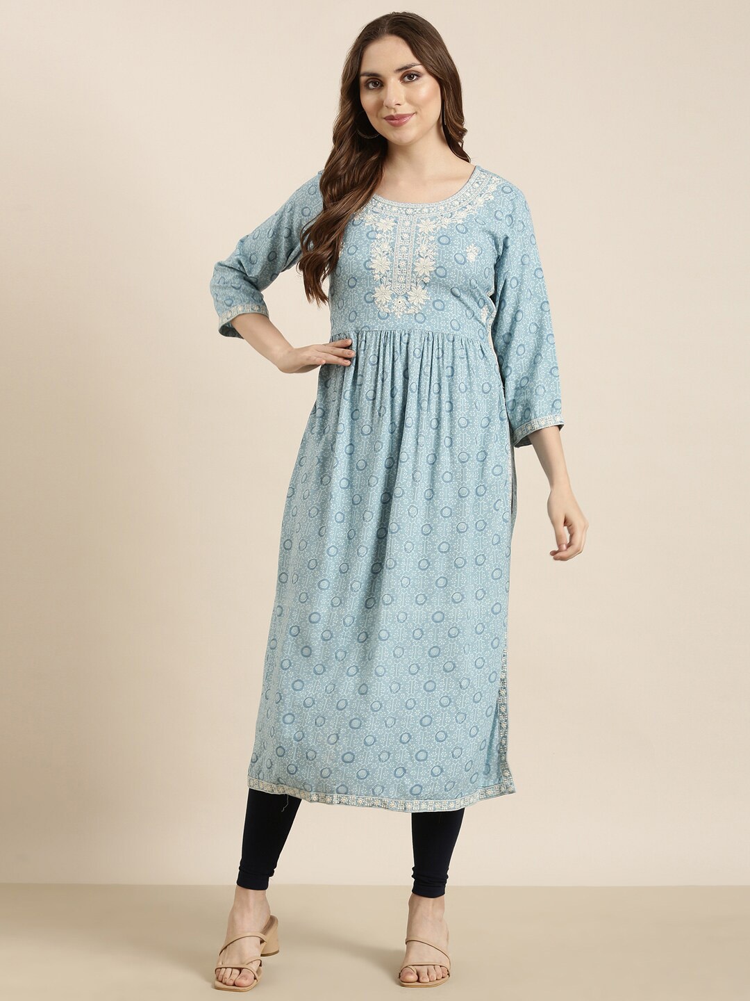 

SHOWOFF Round Neck Three Quarter Sleeves Ethnic Motifs Printed Floral Kurta, Blue