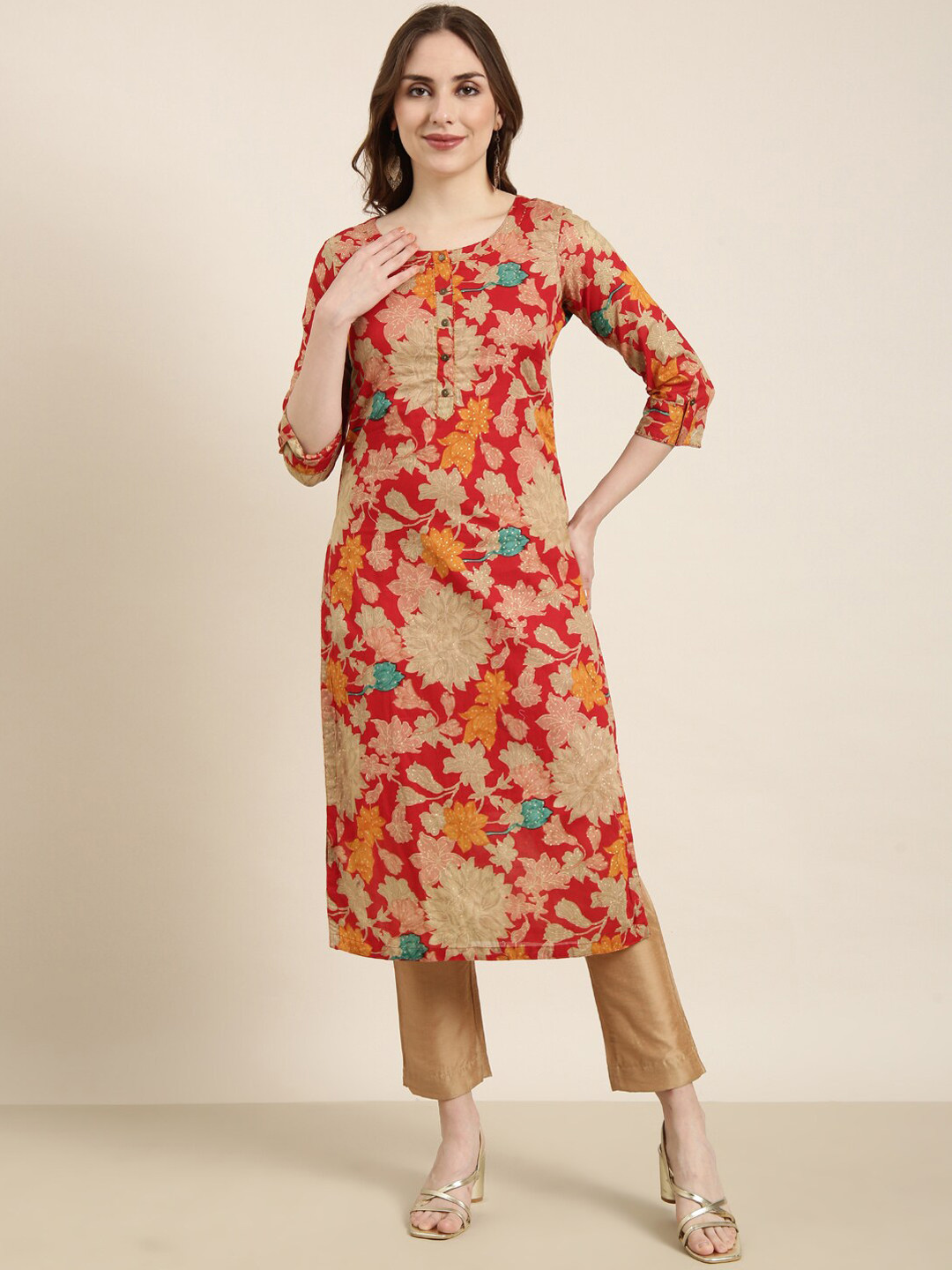 

SHOWOFF Floral Printed Round Neck Roll-Up Sleeves Beaded Cotton Straight Kurta, Red