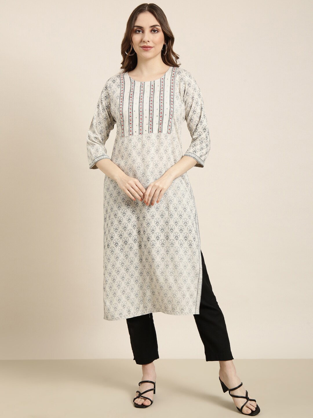 SHOWOFF Floral Printed Mirror Work Cotton Straight Kurta, Grey