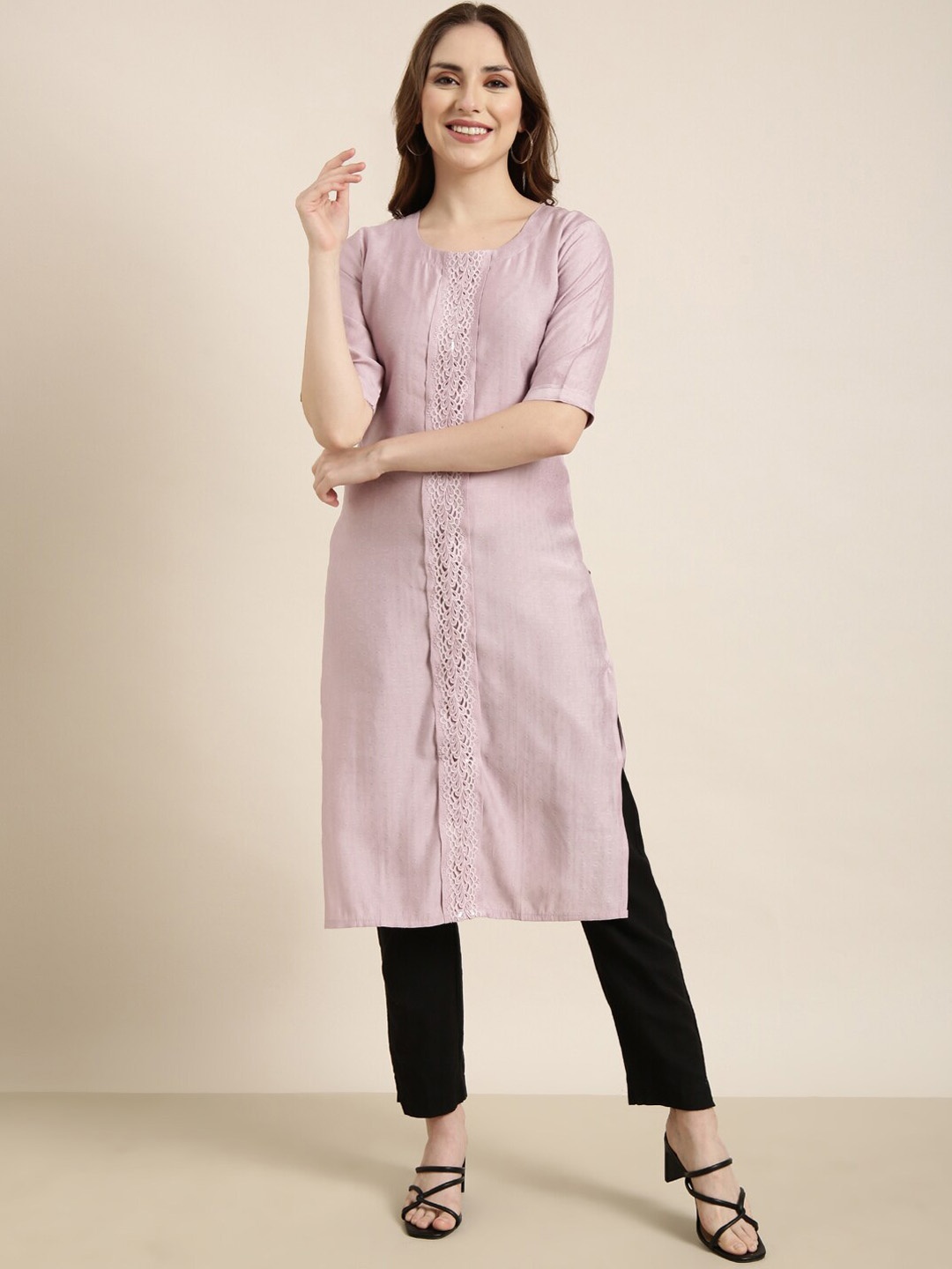 

SHOWOFF Mirror Work Straight Kurta, Lavender