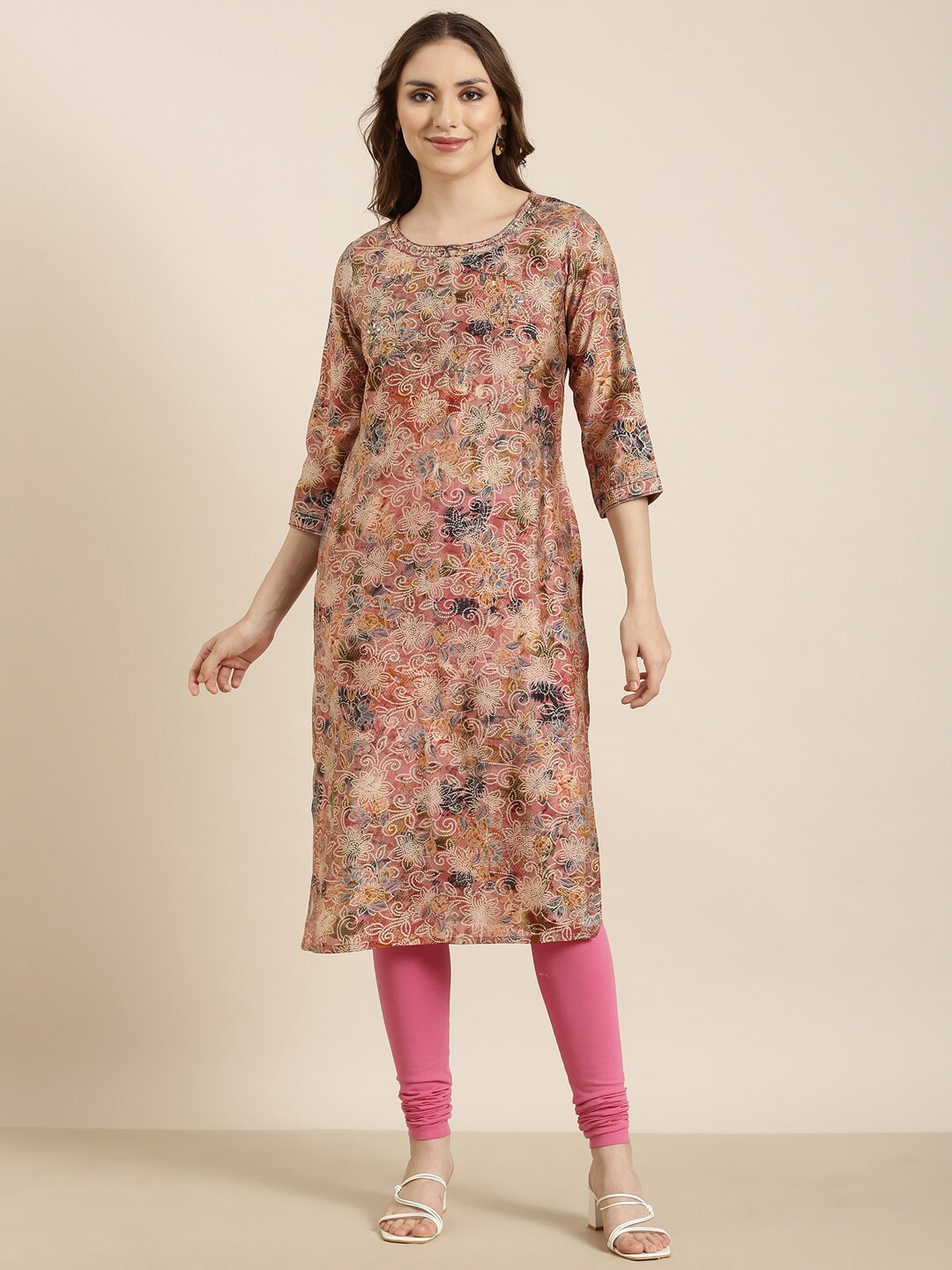 

SHOWOFF Floral Printed Cotton A-Line Straight Layered Kurta, Peach