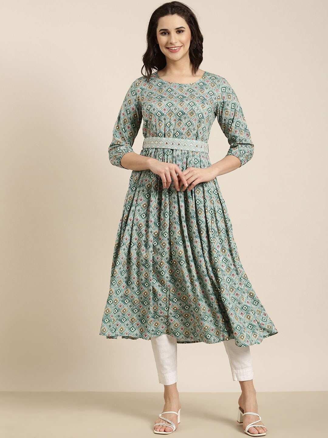 

SHOWOFF Foil Printed Pleated Anarkali Mirror Work Kurta With Belt, Sea green