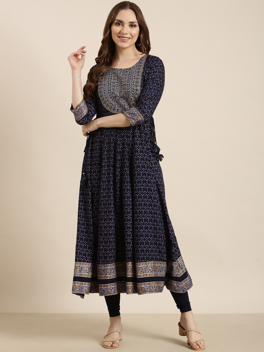 SHOWOFF Ethnic Motifs Printed Thread Work Anarkali Kurta, Navy blue