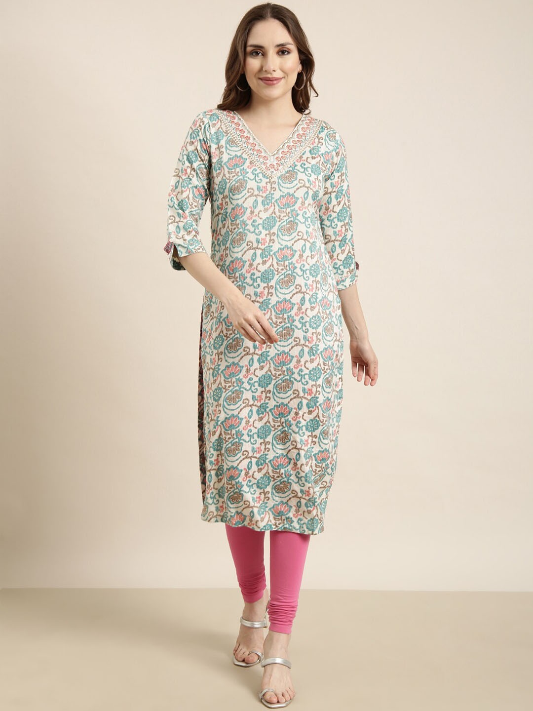 

SHOWOFF Floral Printed Flared Sleeves Cotton Kurta, Turquoise blue