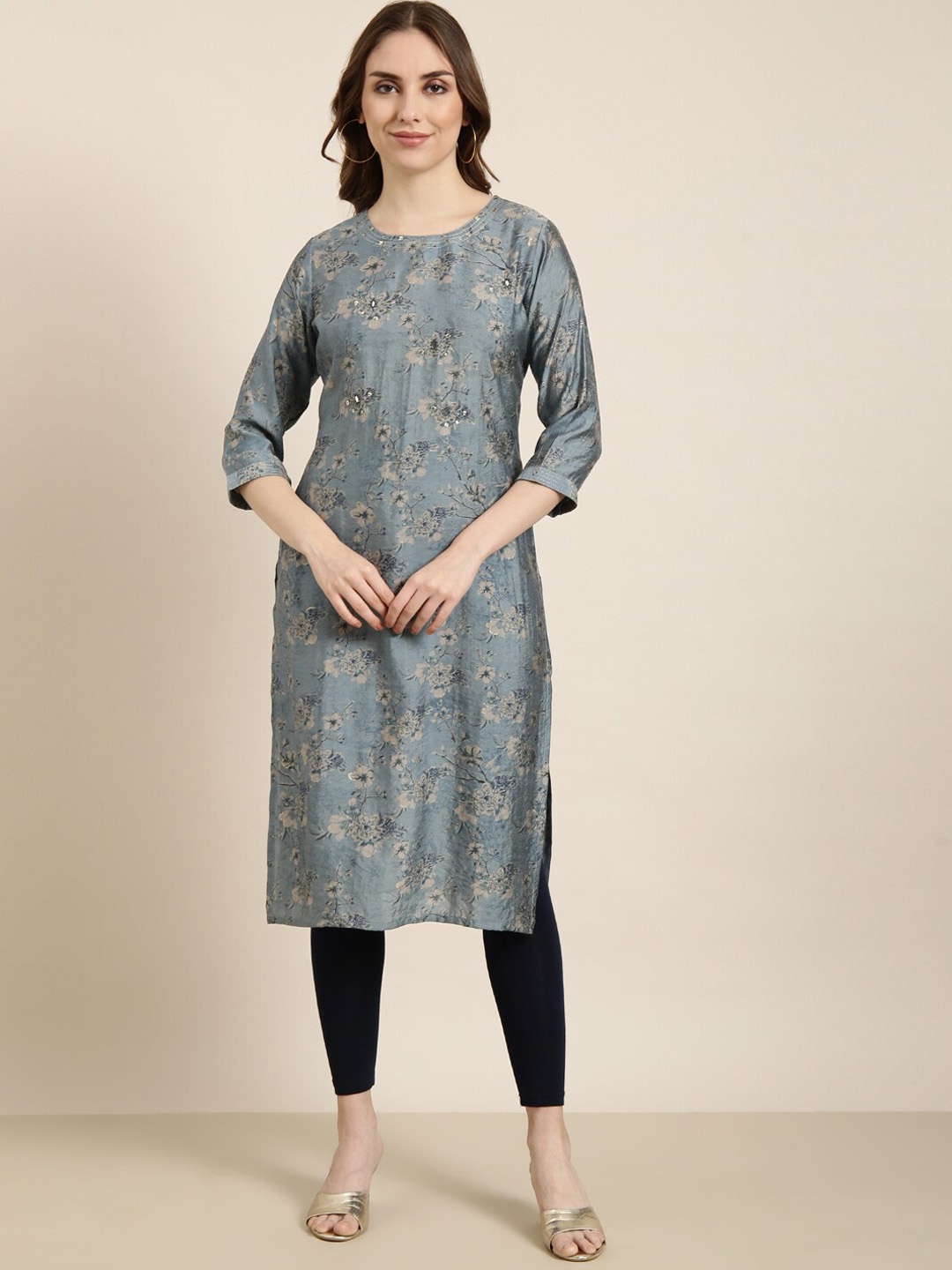 

SHOWOFF Floral Printed Three-Quarter Sleeves Foil Print Sequinned Kurta, Blue