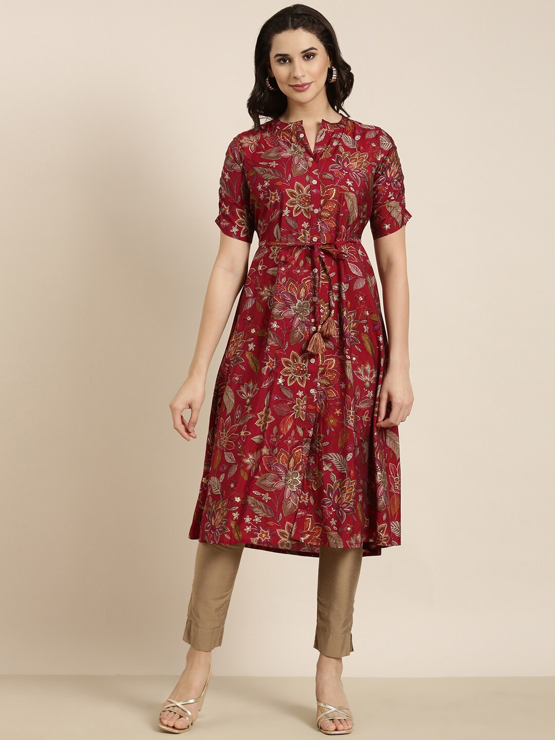 

SHOWOFF Floral Printed A-Line Kurta, Maroon