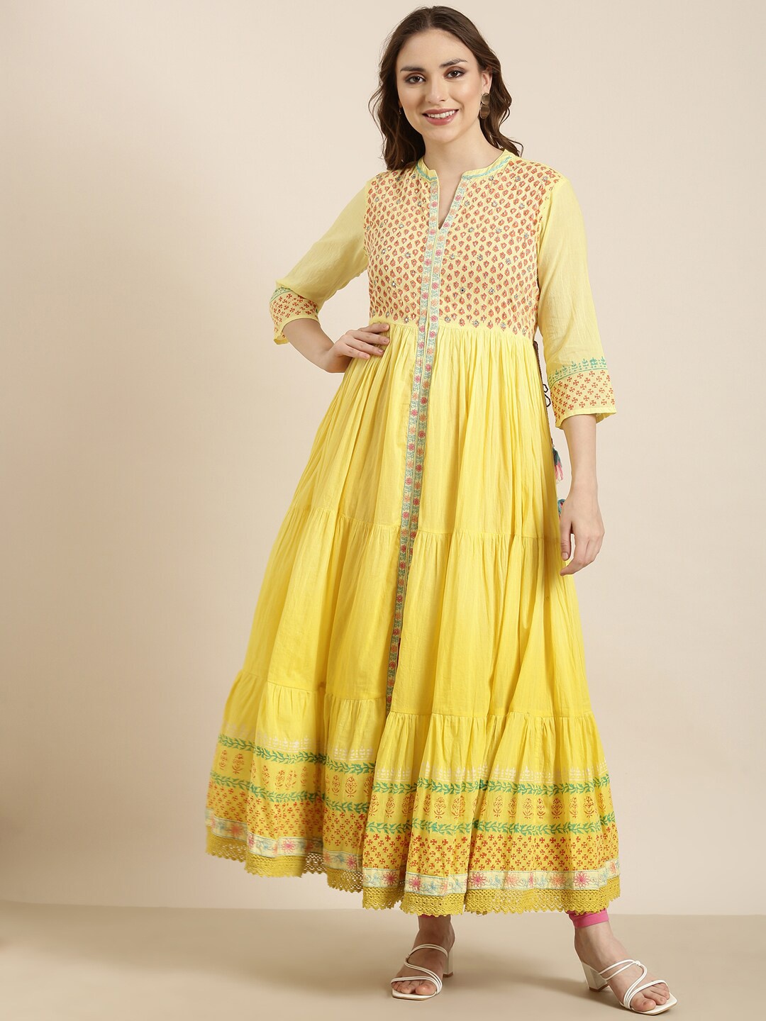 

SHOWOFF Geometric Yoke Design Mandarin Collar Cotton Anarkali Kurta, Yellow