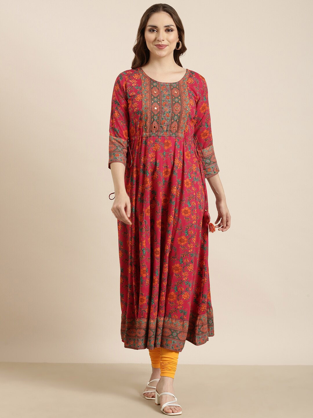 

SHOWOFF Floral Printed Mirror Work Pleated Anarkali Kurta, Pink