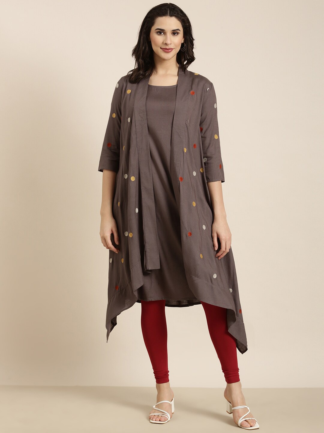 SHOWOFF Round Neck A-Line Thread Work Curved Cotton Kurta, Grey