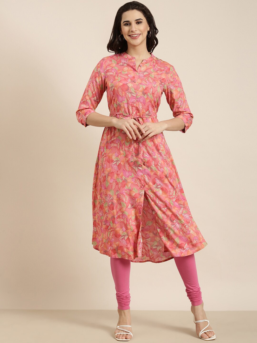 SHOWOFF Floral Printed Mandarin Collar Panelled A-Line Kurta, Pink