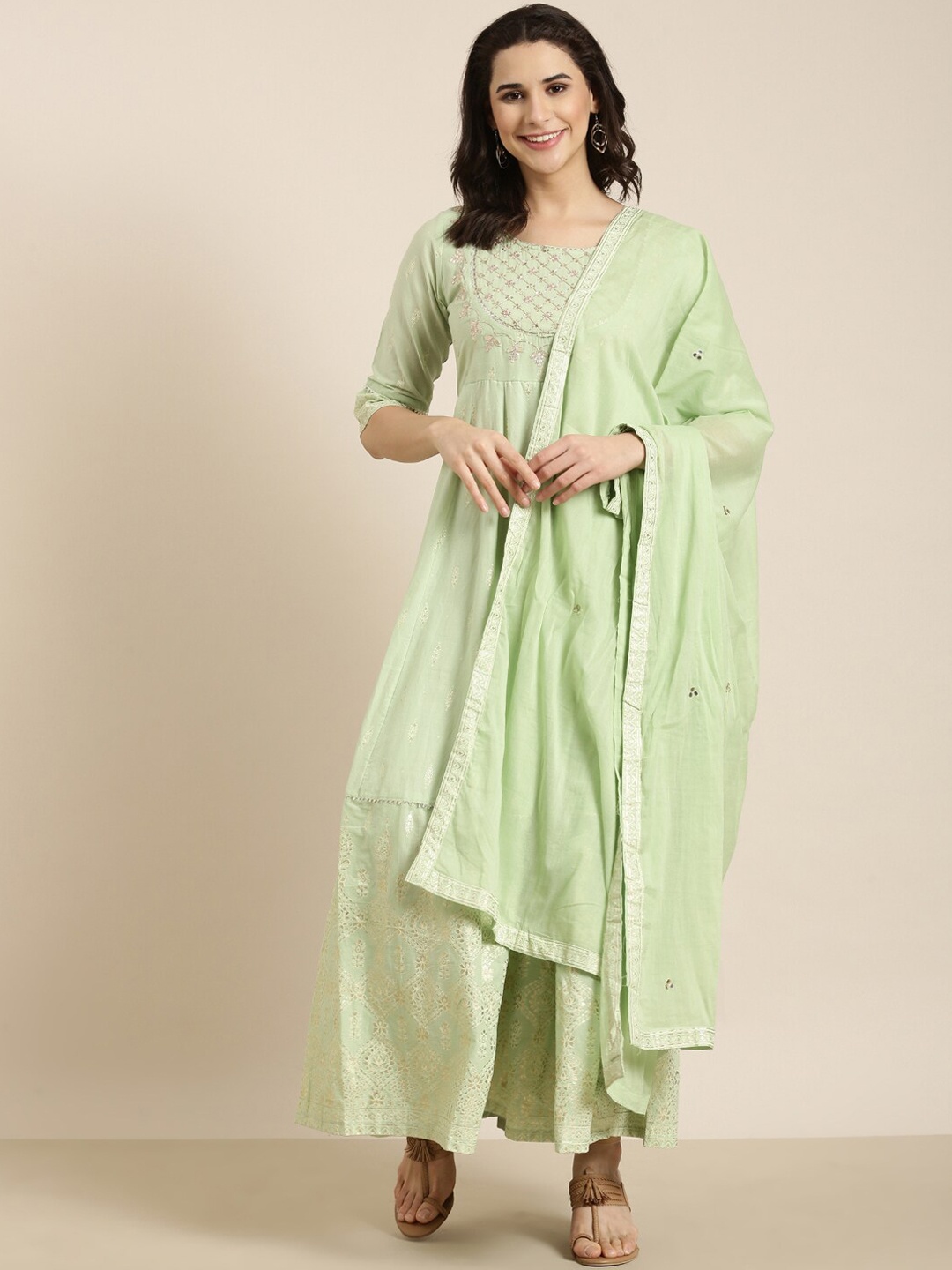 

SHOWOFF Floral Printed Round Neck Cotton Anarkali Kurta, Green