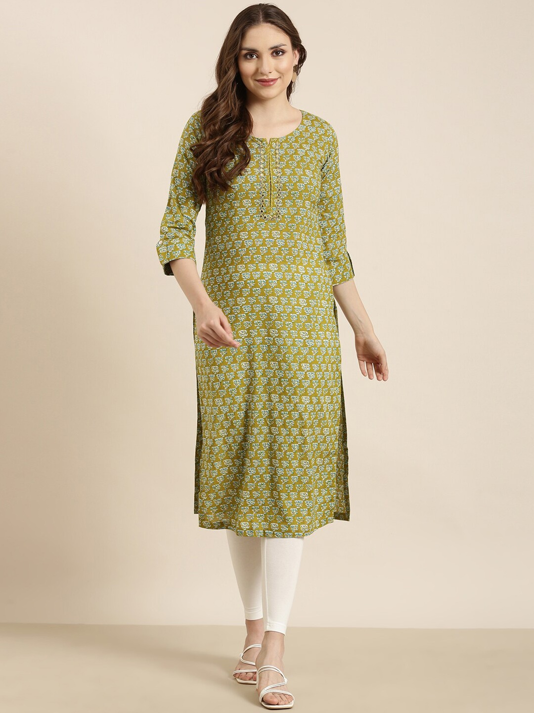 SHOWOFF Ethnic Motifs Printed Notch Neck Straight Kurta, Green