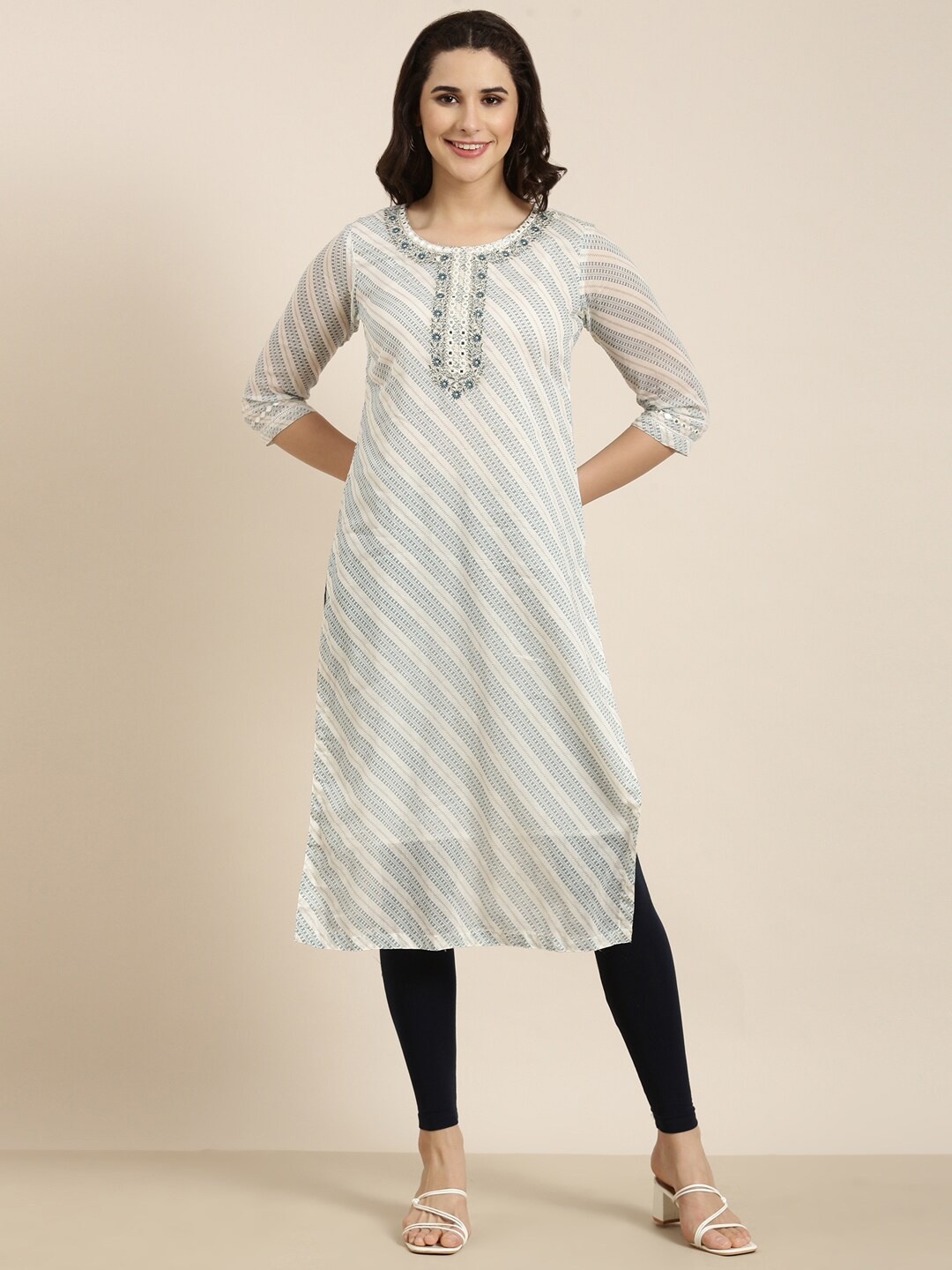 

SHOWOFF Striped Cotton Asymmetric High Slit Keyhole Neck Thread Work A-Line Kurta, White