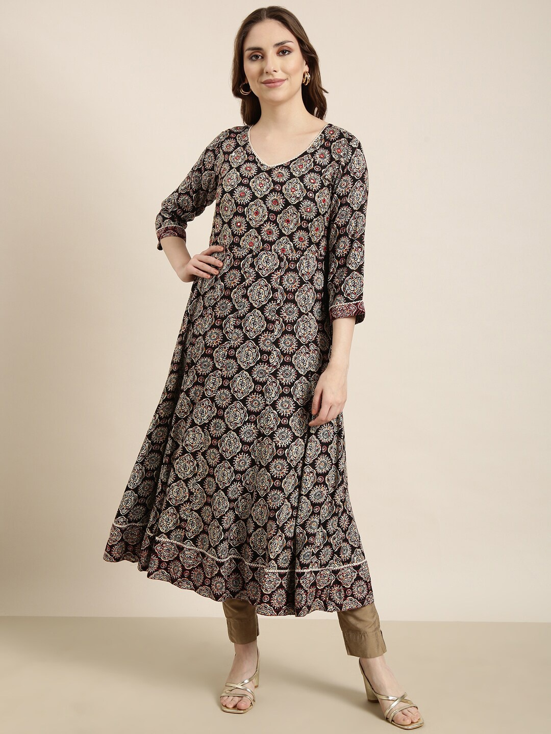 

SHOWOFF Ethnic Motifs Printed Cotton Flared A-Line Indie Prints Angrakha Kurta, Black
