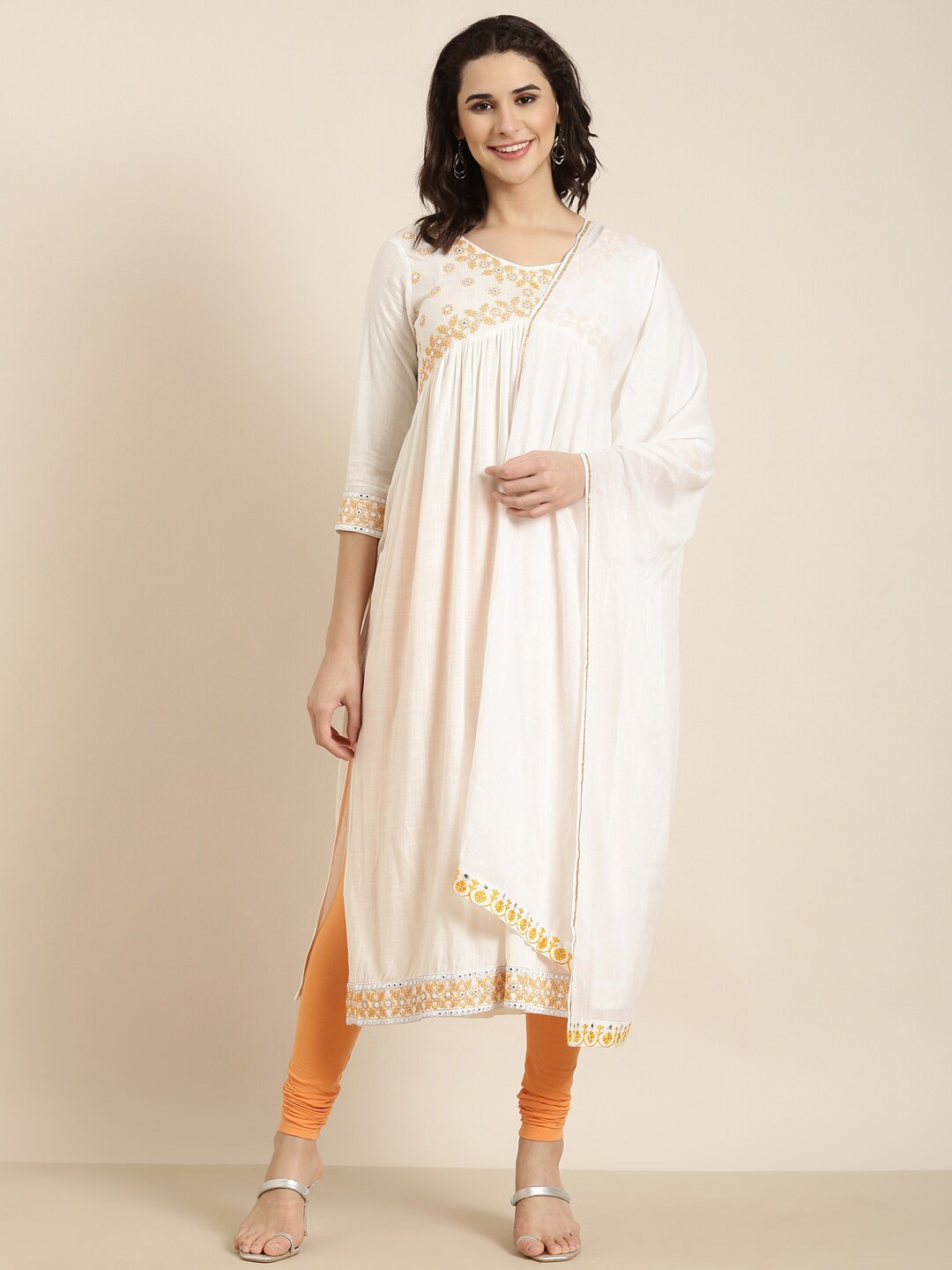 SHOWOFF Striped Chikankari Floral Cotton Kurta With Dupatta, Off white