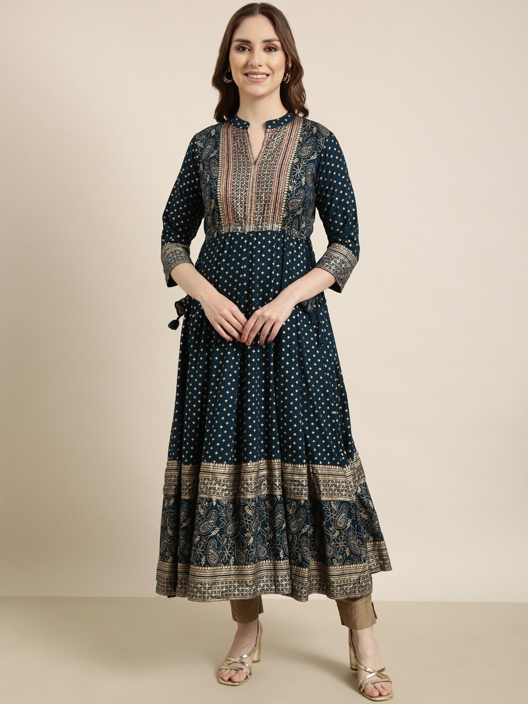 

SHOWOFF Geometric Yoke Design Mandarin Collar Anarkali Kurta, Teal