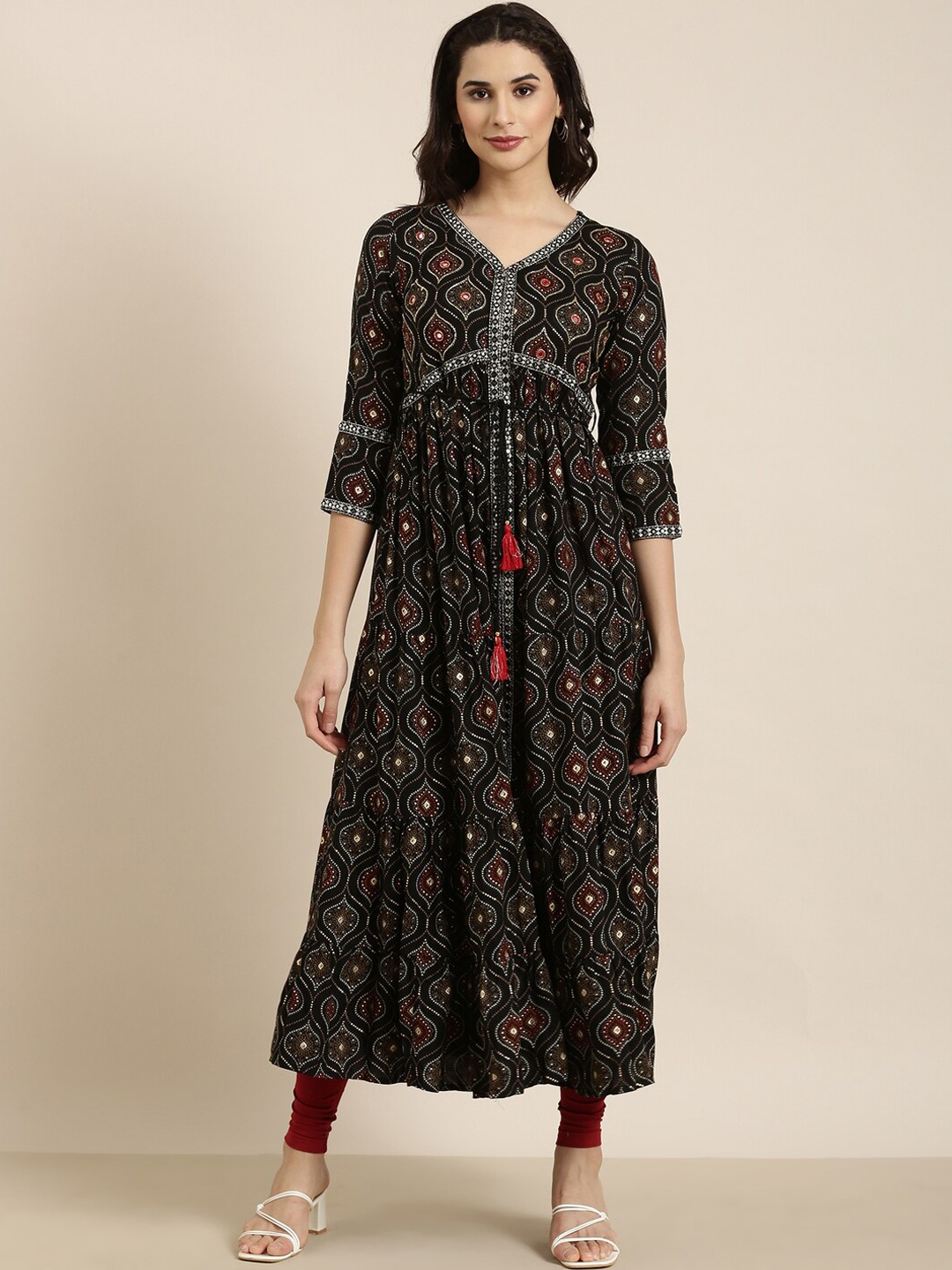 

SHOWOFF Ethnic Motifs Printed Mirror Work Indie Prints Anarkali Kurta, Black