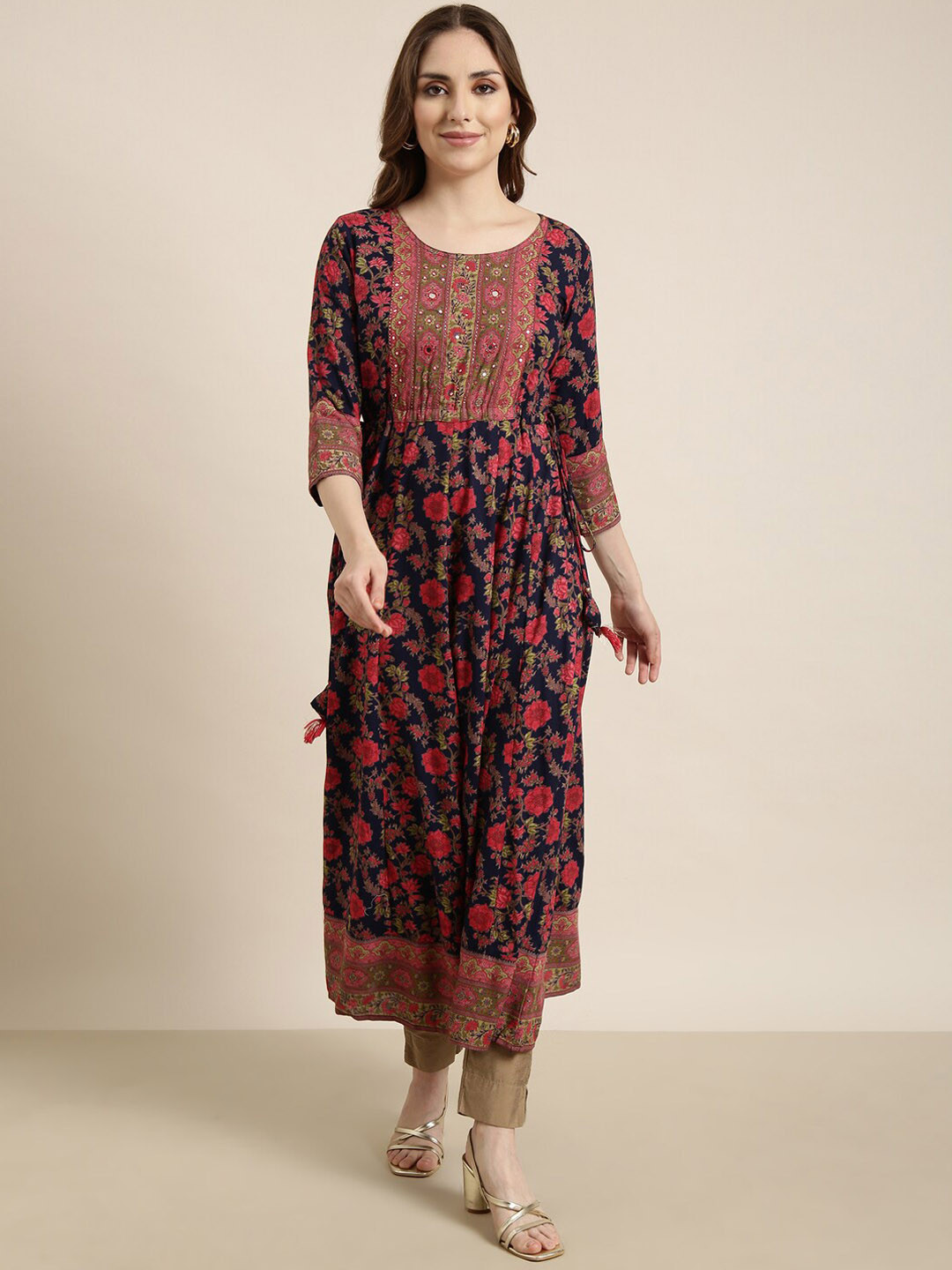 

SHOWOFF Floral Printed Sequinned Anarkali Kurta, Navy blue