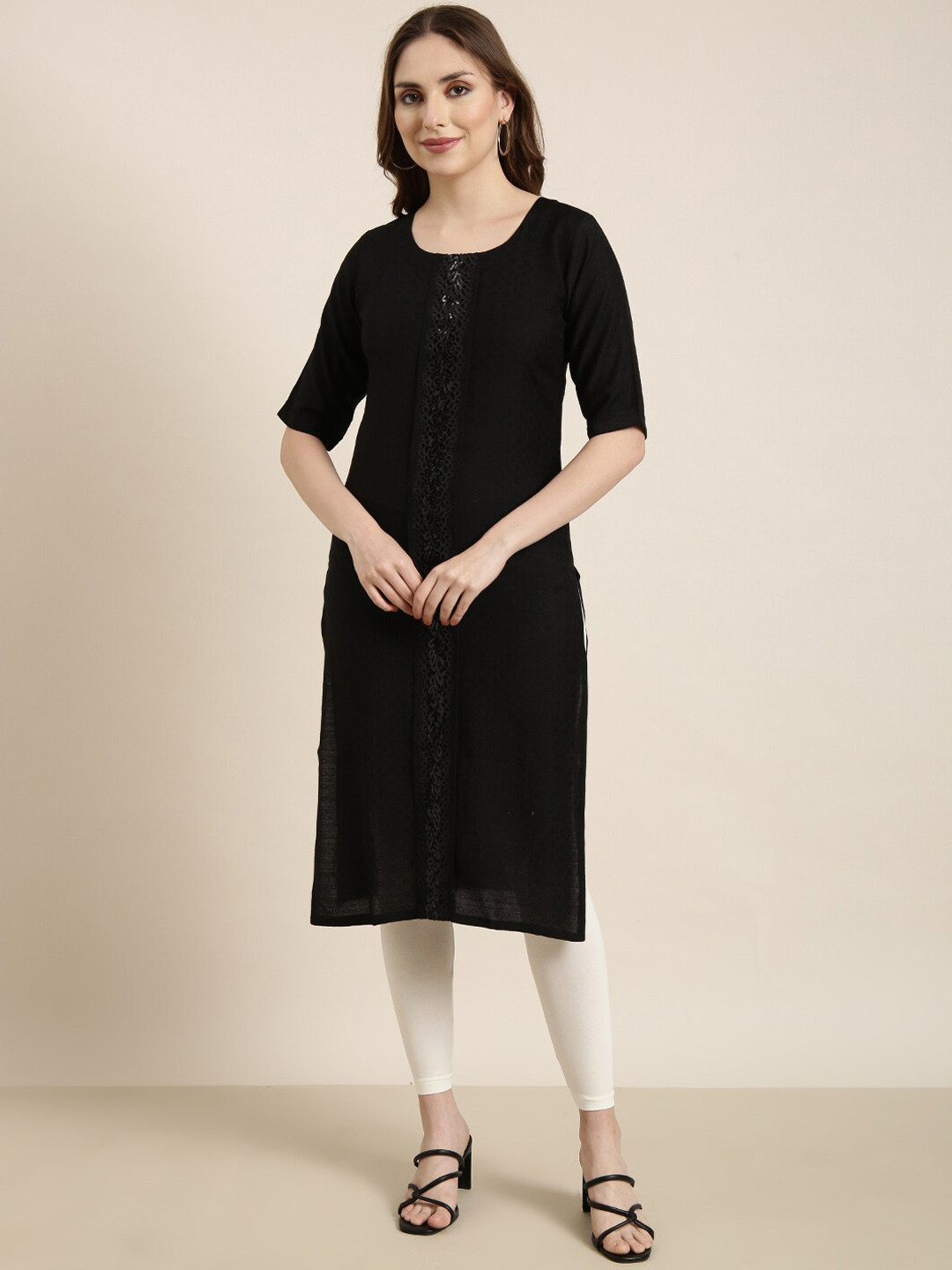 

SHOWOFF Round Neck Short Sleeves Straight Kurta, Black