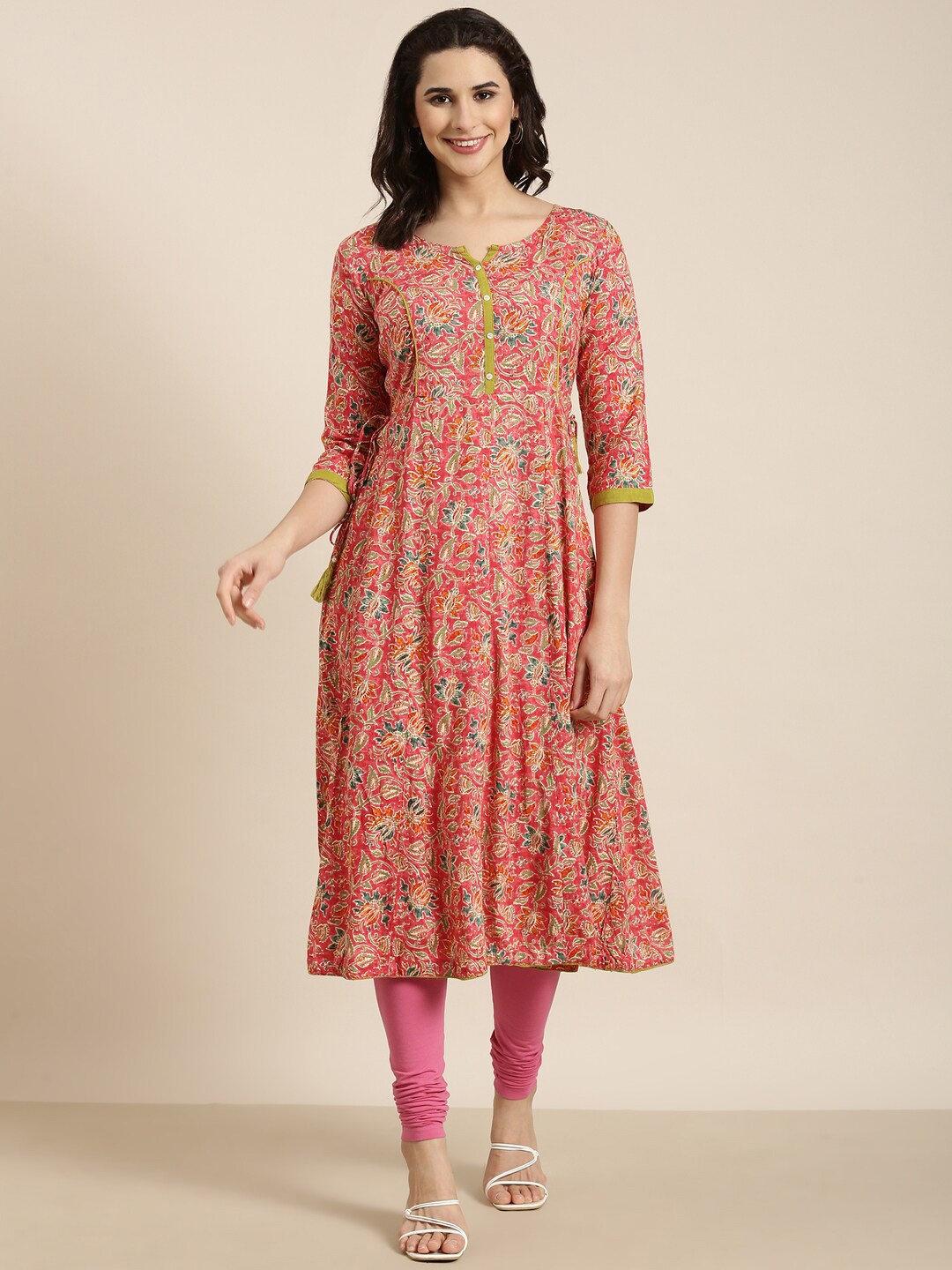 

SHOWOFF Floral Printed Notch Neck Cotton Anarkali Kurta, Pink