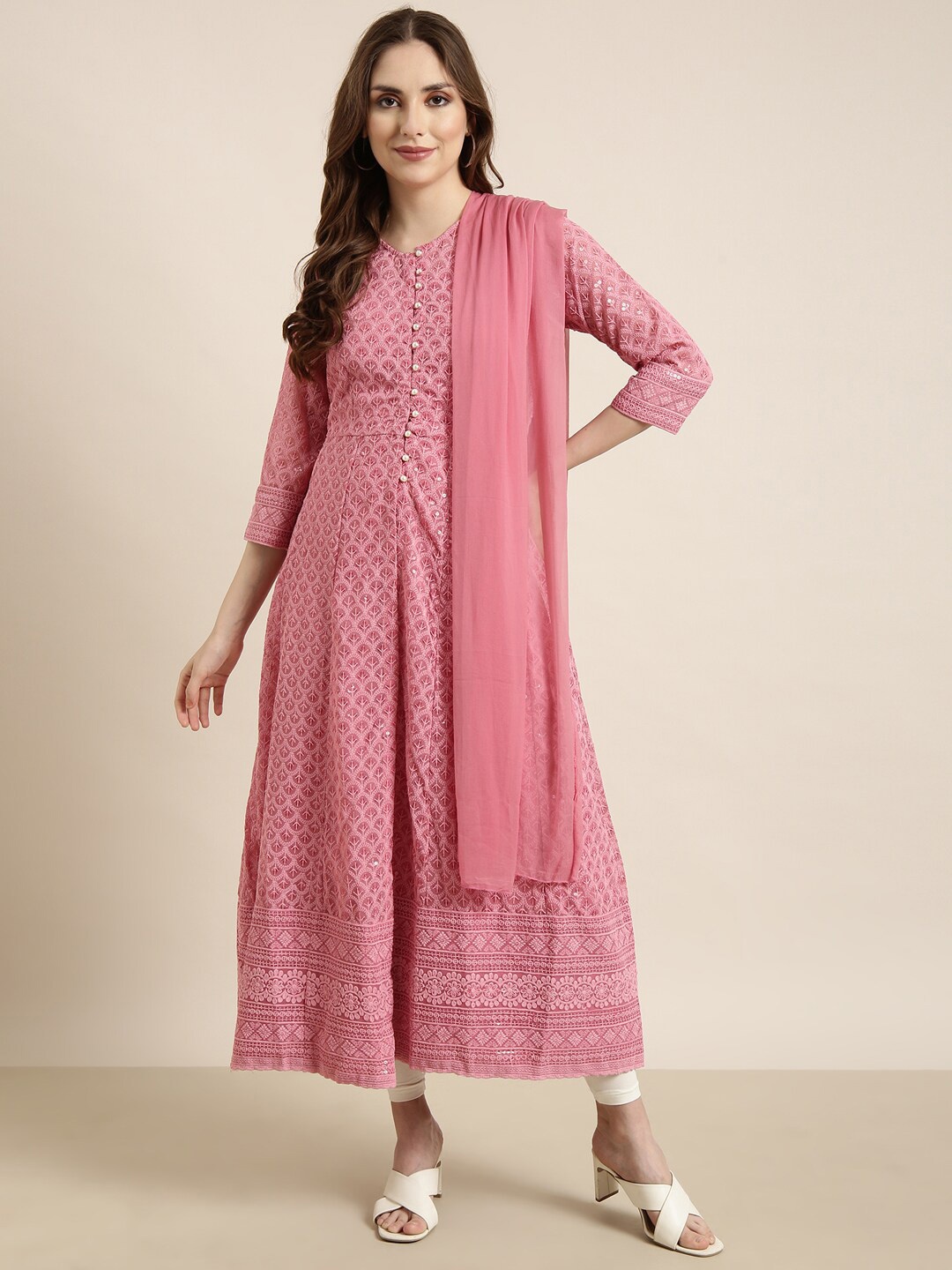 

SHOWOFF Round Neck Ethnic Yoke Design Sequined Work Pastels Georgette Kurta, Pink