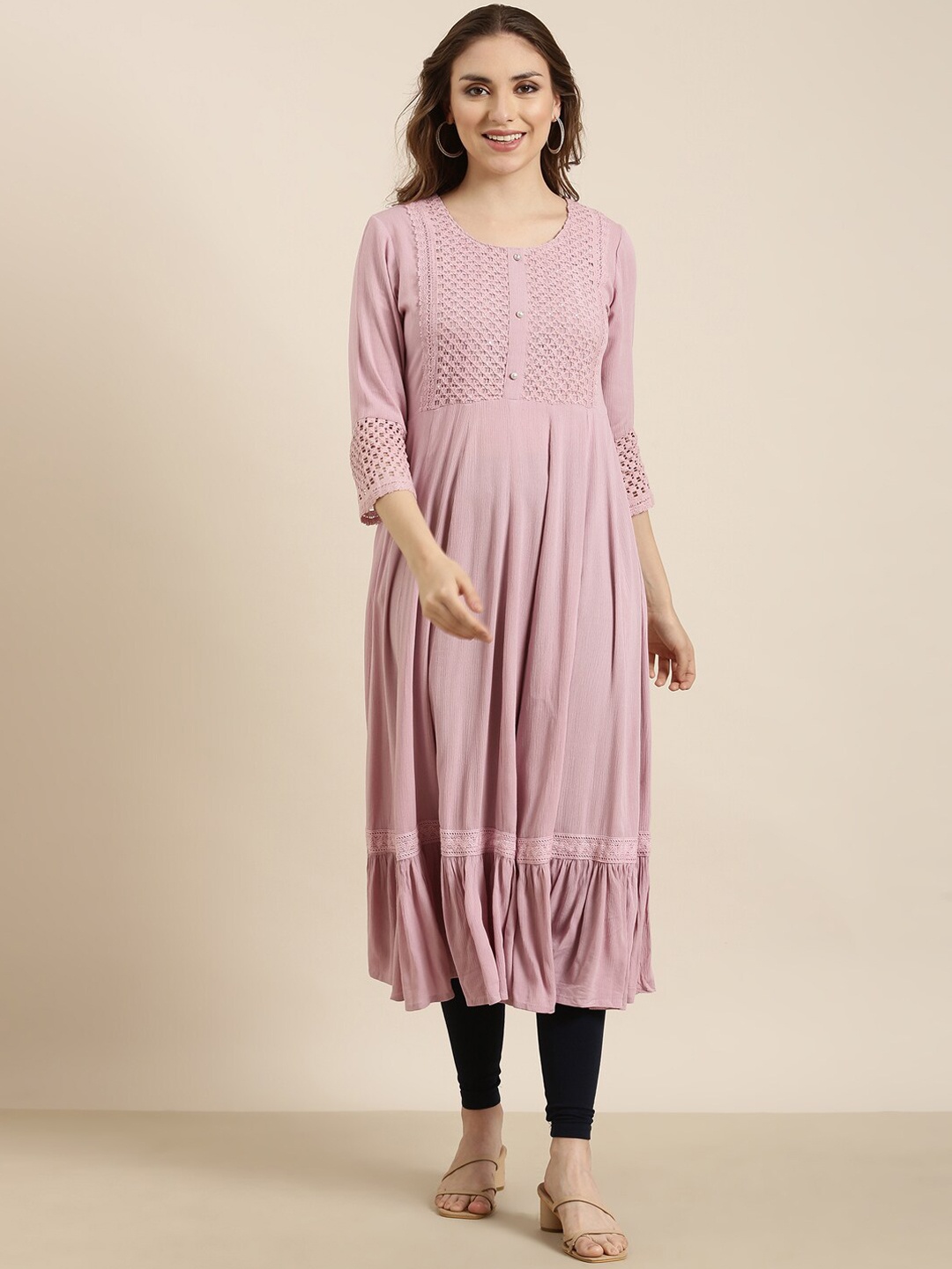 

SHOWOFF Yoke Design Sequinned Thread Work Cotton Anarkali Kurta, Lavender