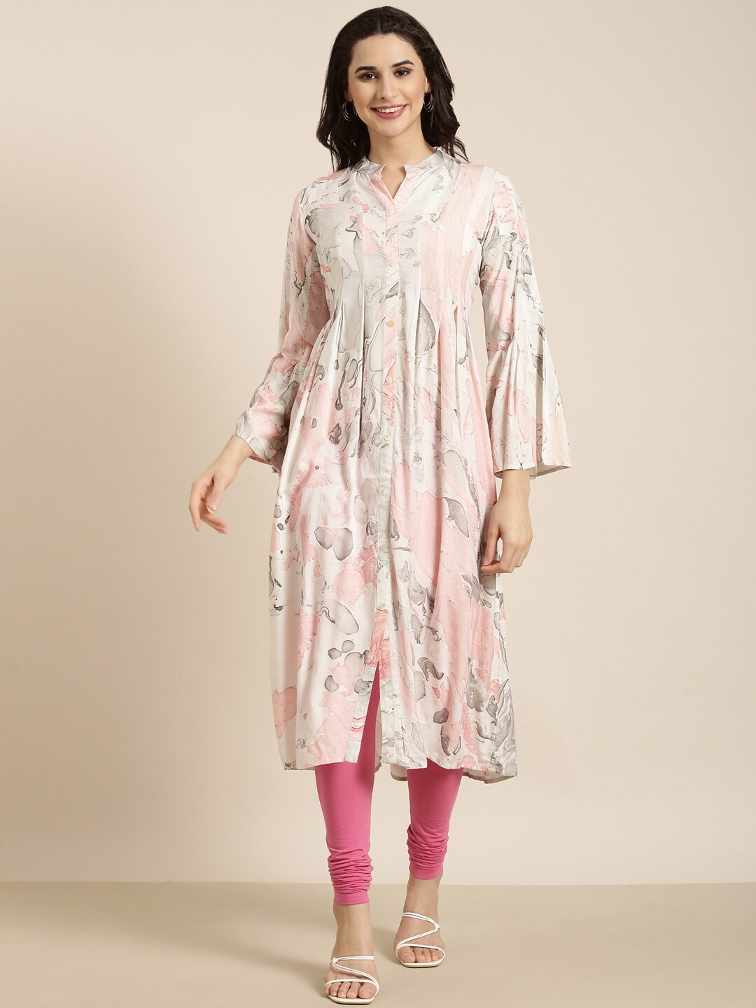 

SHOWOFF Floral Printed Flared Sleeves Pleated Cotton A Line Kurta, White