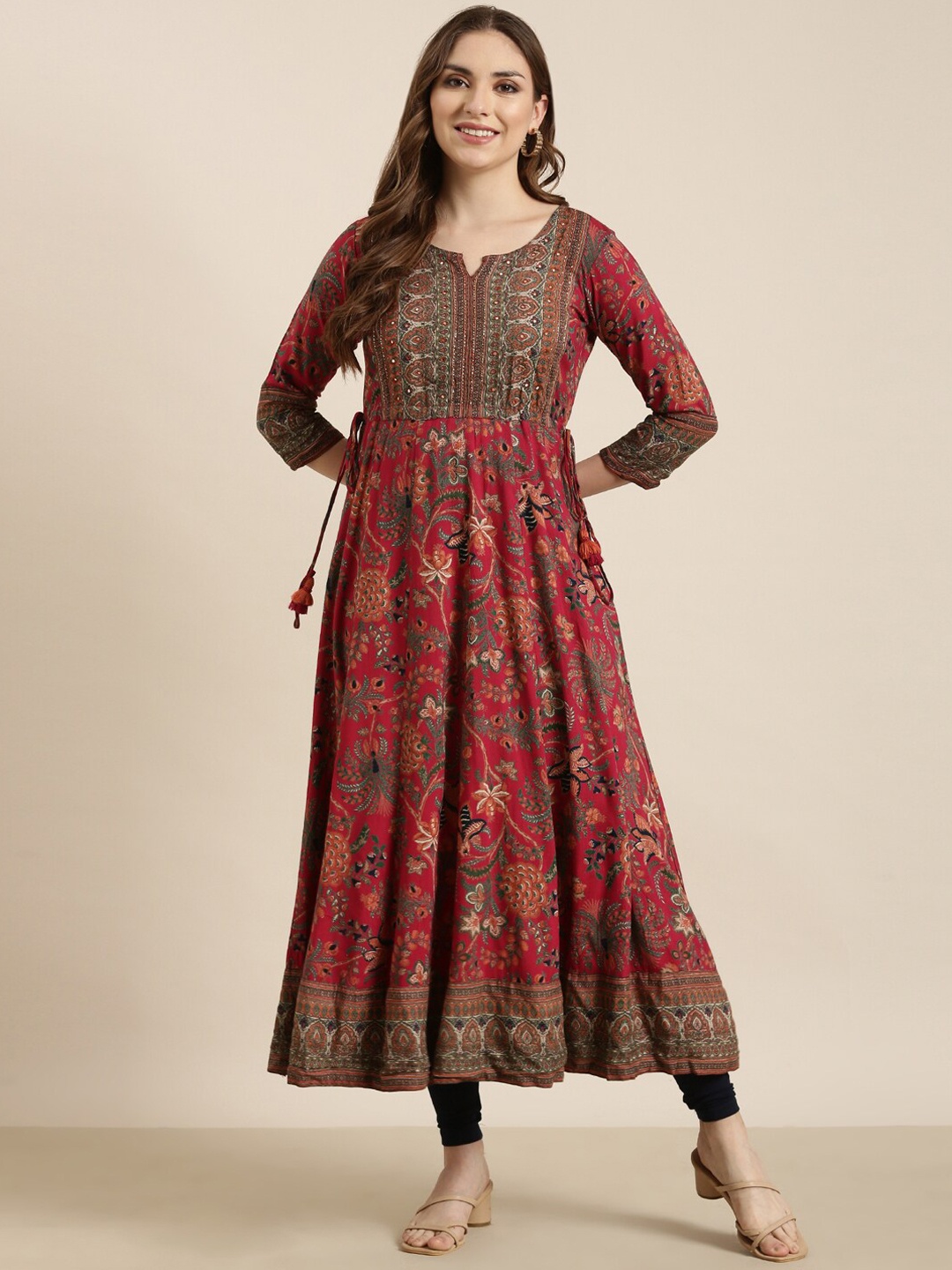 

SHOWOFF Ethnic Motifs Printed Cotton Flared Empire Sequinned Anarkali Kurta, Pink