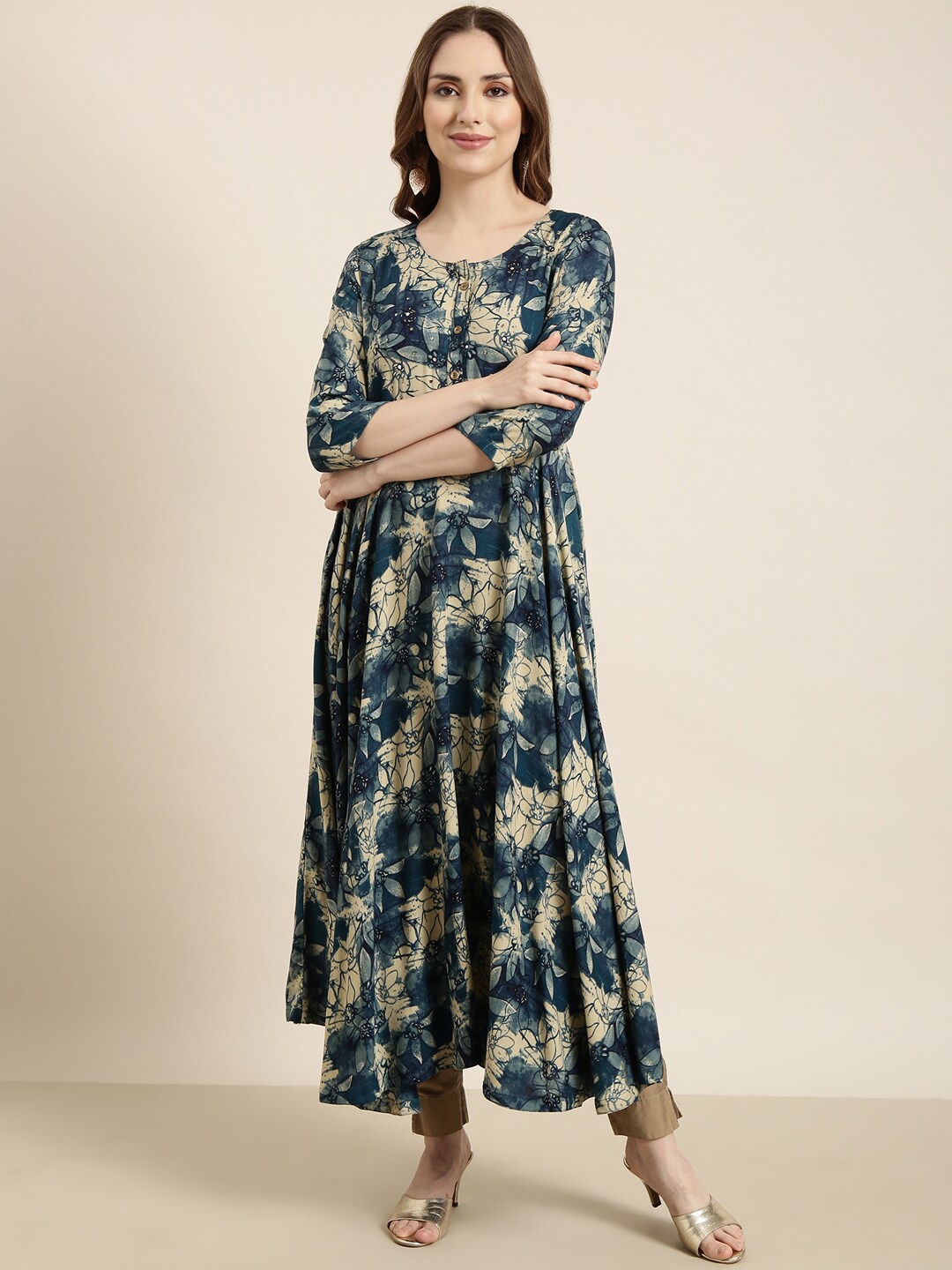 

SHOWOFF Round Neck Floral Printed Cotton A Line Kurta, Blue