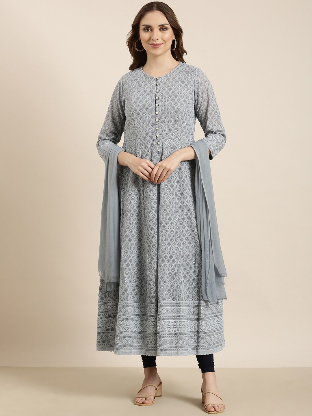 

SHOWOFF Geometric Printed Sequinned Panelled Georgette Straight Kurta Set, Grey