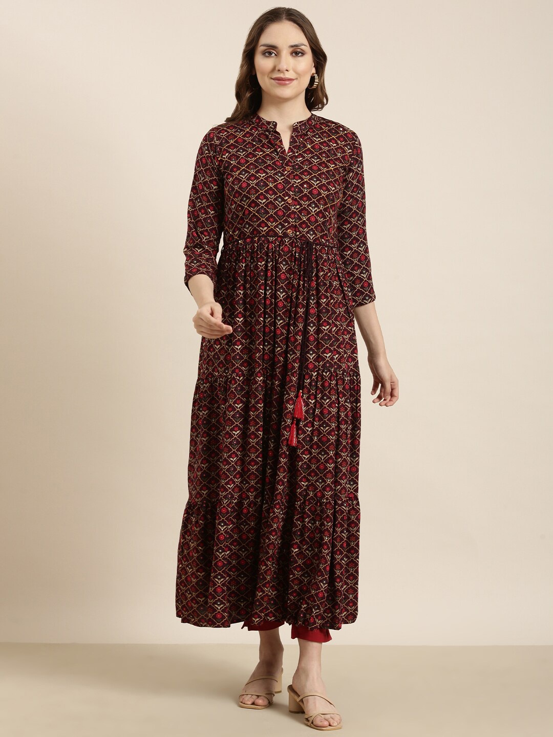 

SHOWOFF Ethnic Motifs Printed Cototn Thread Work Flared Anarkali Kurta, Purple