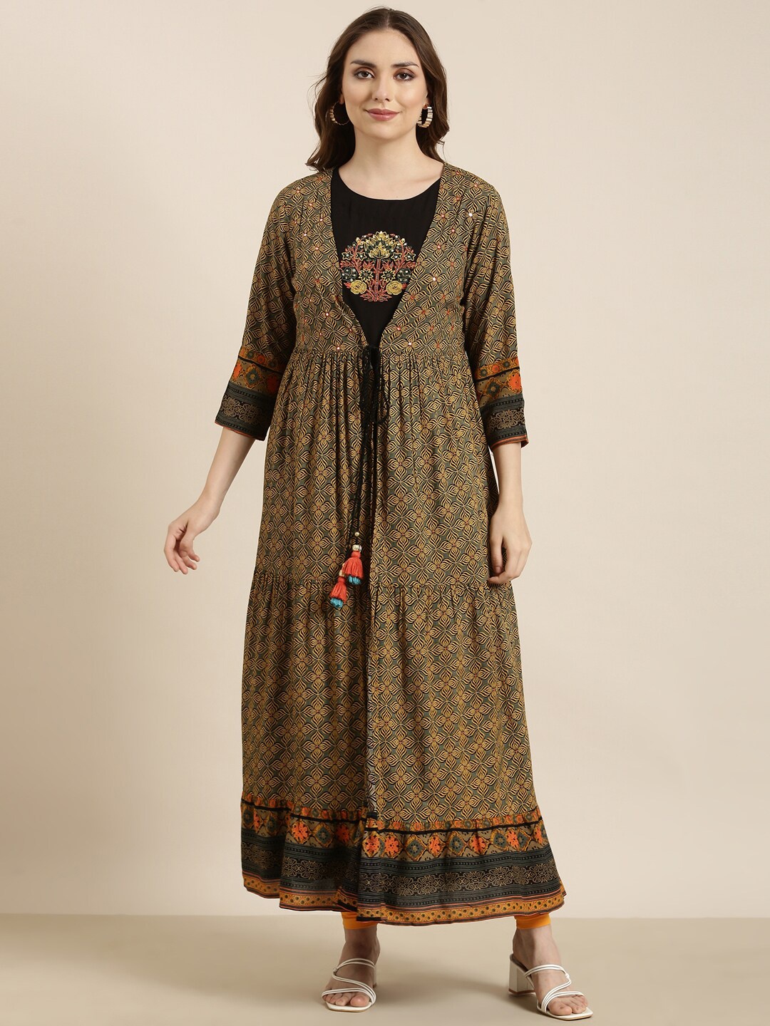 

SHOWOFF Ethnic Motifs Printed Thread Work Cotton Anarkali Kurta, Black