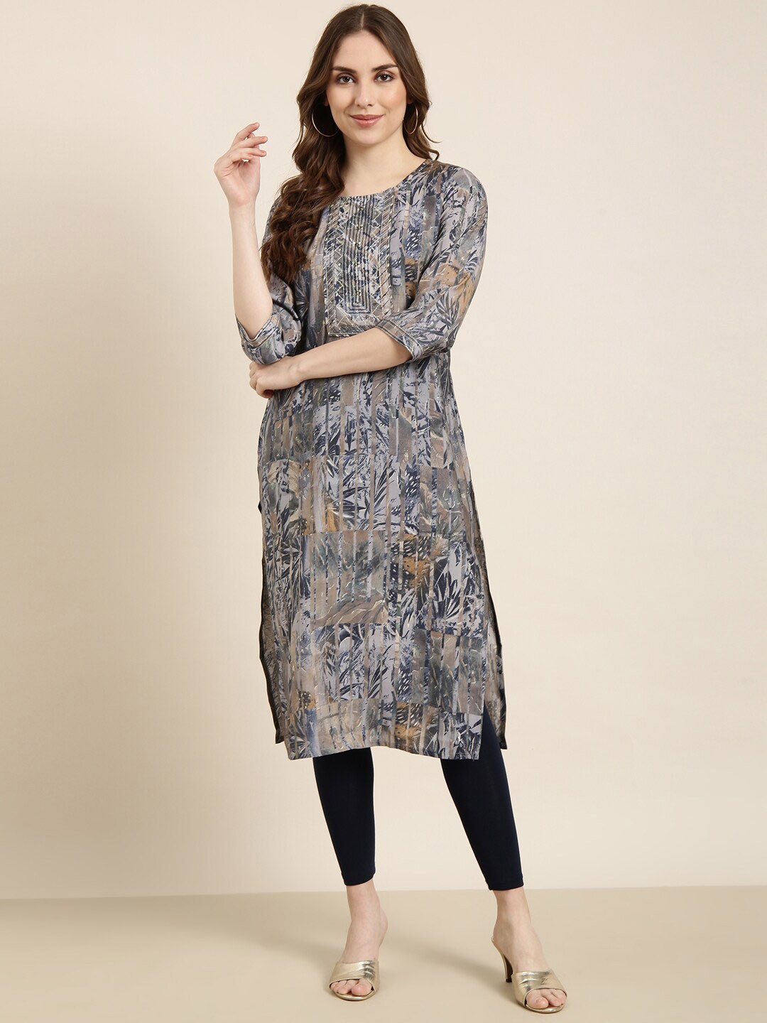 

SHOWOFF Abstract Printed Sequinned Straight Kurta, Blue