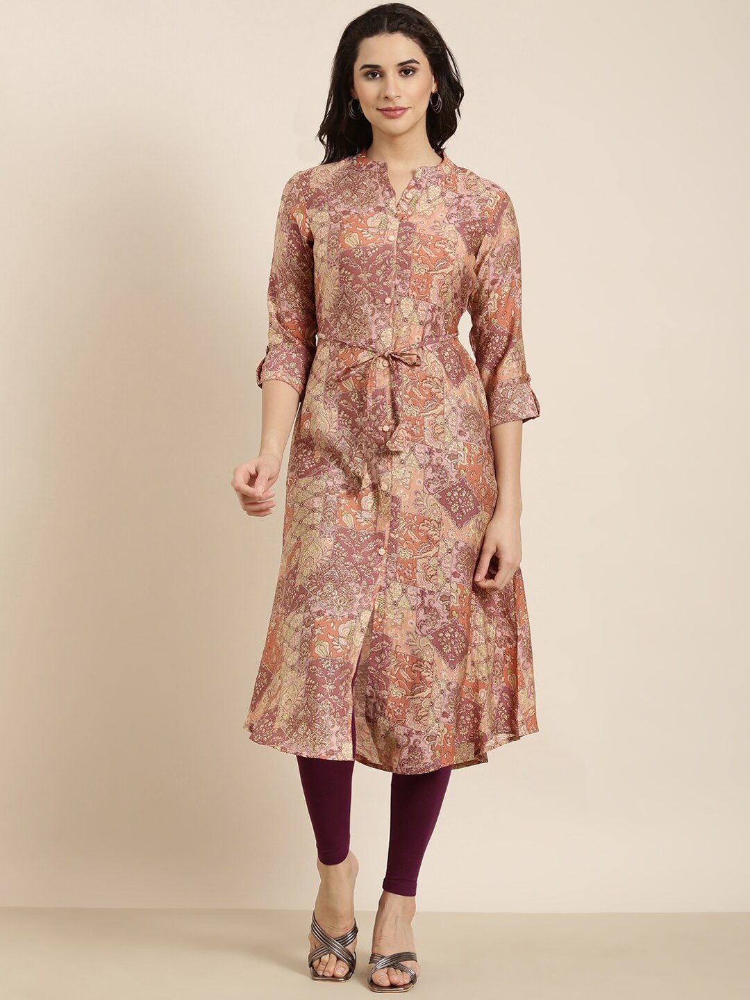SHOWOFF Ethnic Motifs Printed V Neck Mirror Work Pastels Kurta, Peach