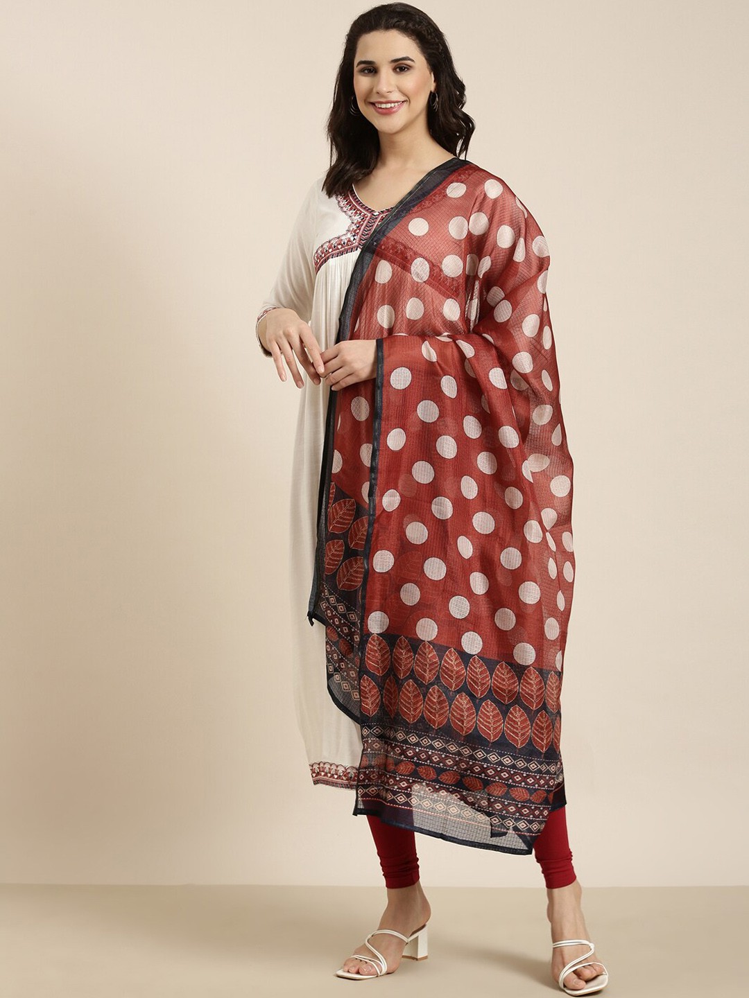 

SHOWOFF Geometric Embroidered Cotton Empire A-Line Kurta, Cream