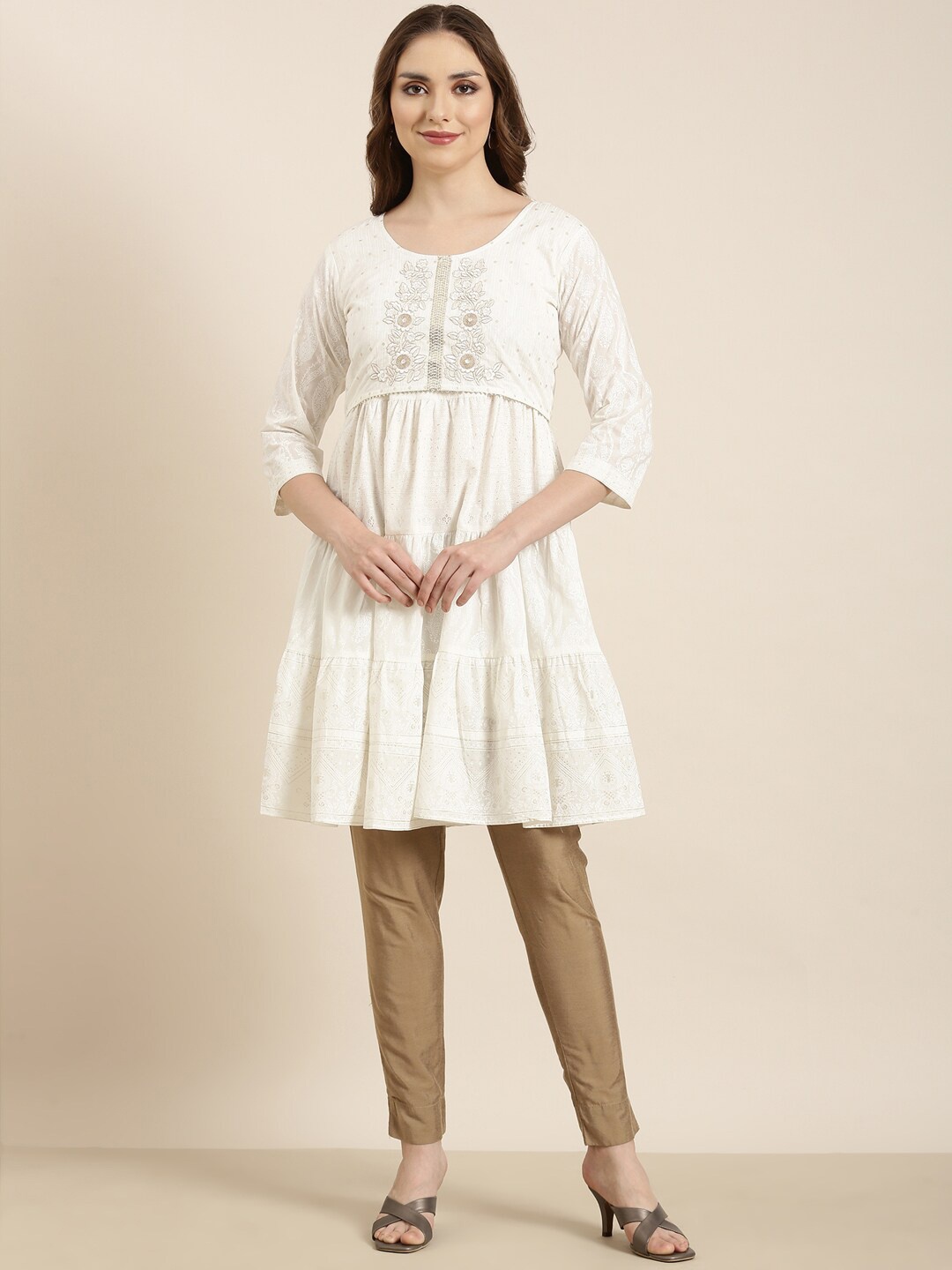 

SHOWOFF Round Neck Floral Yoke Design Cotton Pastels A Line Kurta, Off white