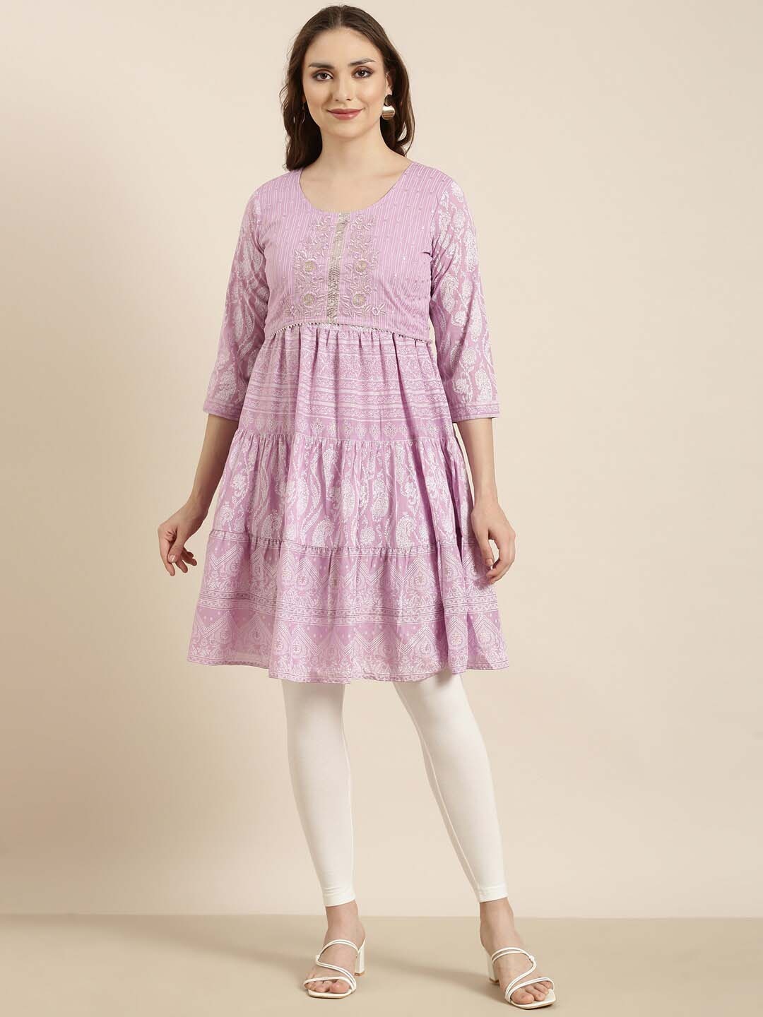 

SHOWOFF Ethnic Motifs Printed Flared Sleeves Gotta Patti Pastels Kurta, Lavender
