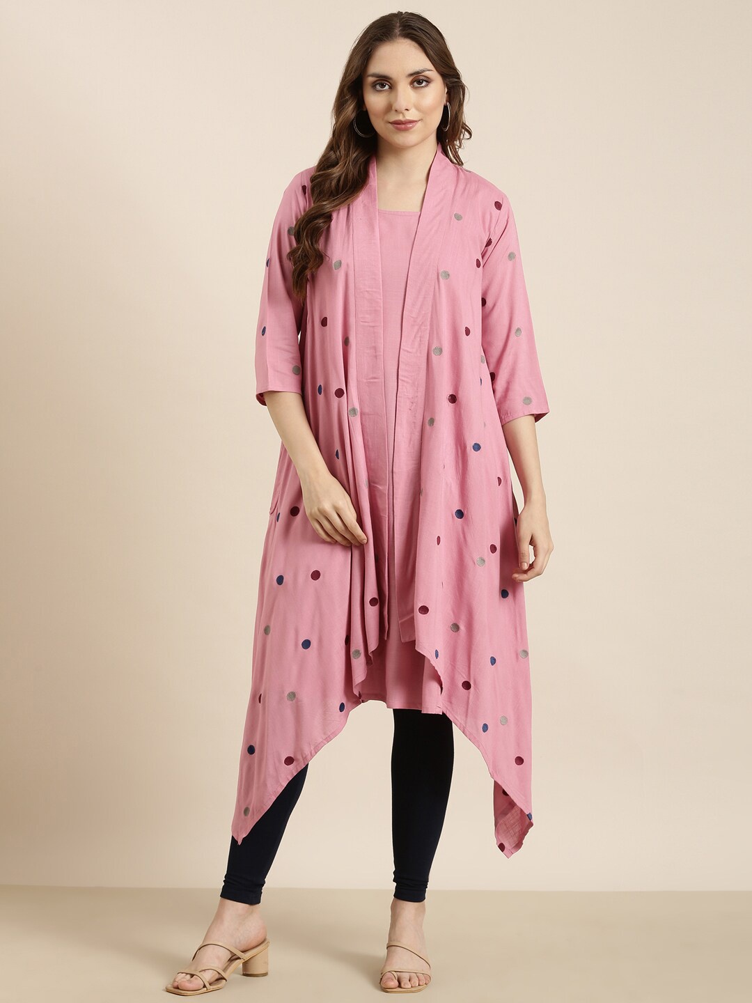 

SHOWOFF Sleeveless A-Line Kurta With Overcoat, Pink